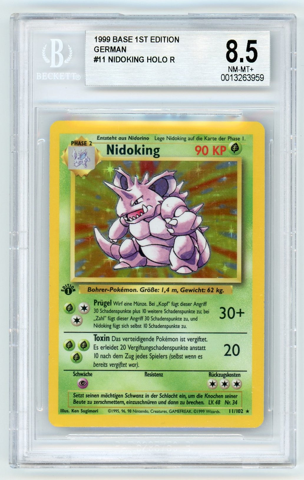 BGS 8.5 (NM-MT+) Nidoking Holo - 1999 Pokemon Base 1st Edition (German) (#0013263959)