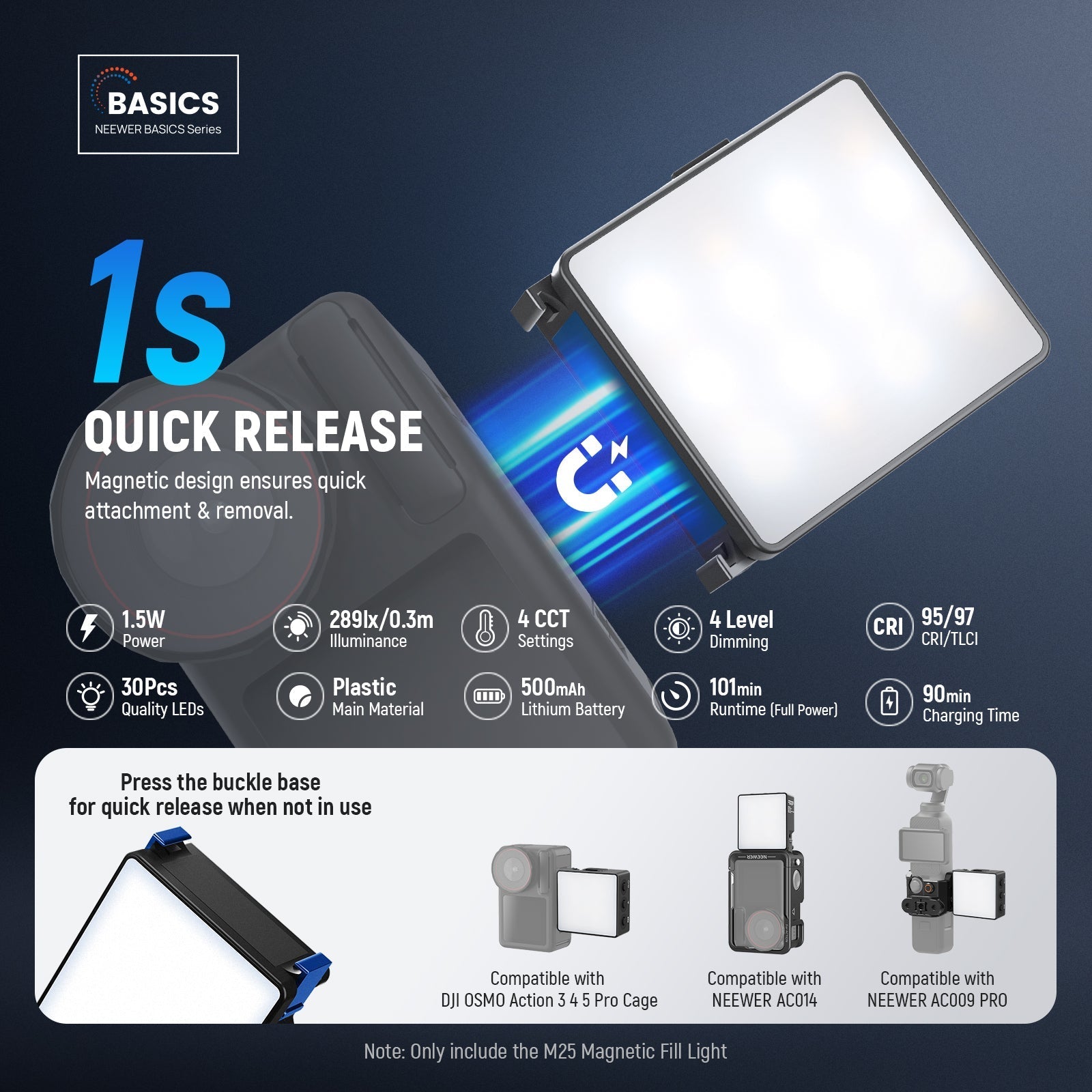 NEEWER BASICS M25/M26 Magnetic LED Light For DJI OSMO Nano Action 3/4/5 Pro