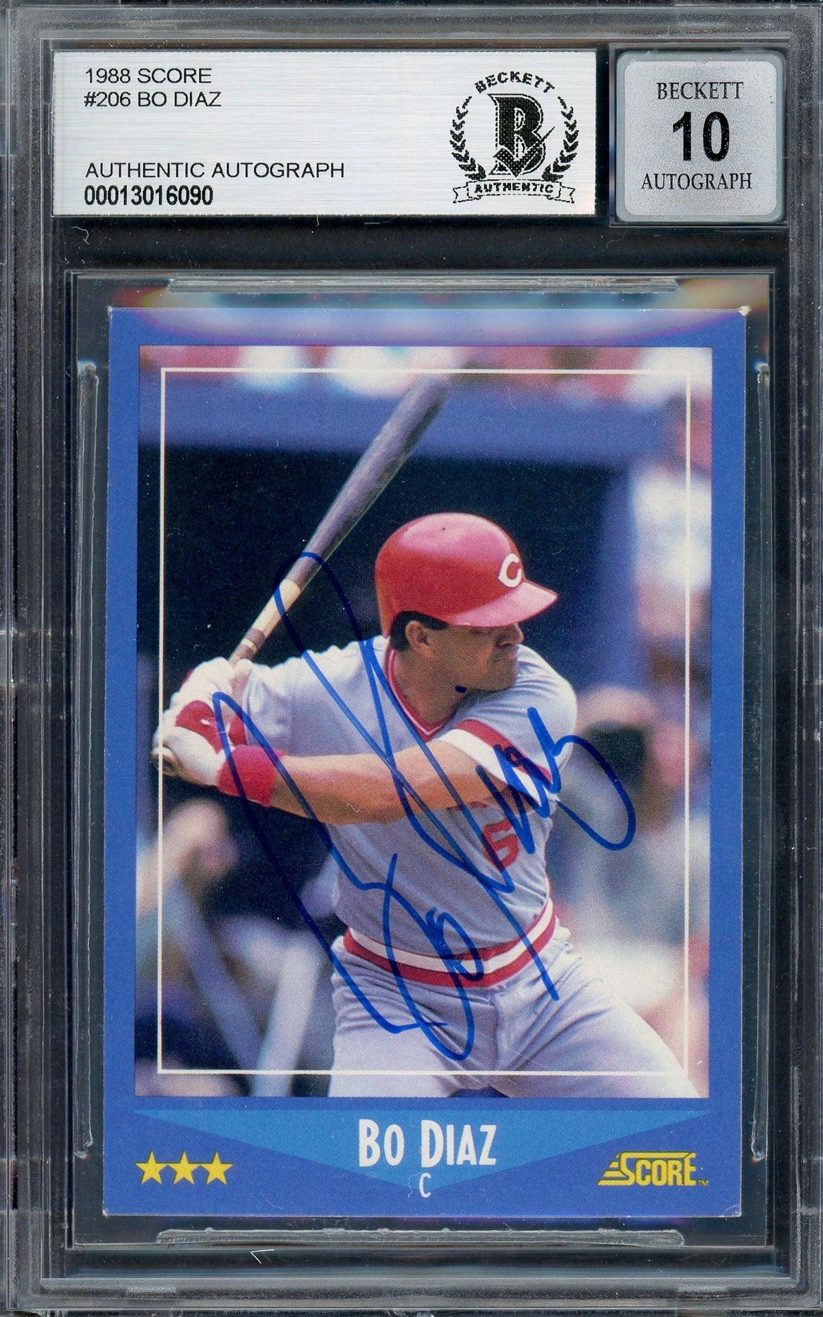 Bo Diaz Autographed 1988 Score Card #206 Cincinnati Reds Auto Grade Gem Mint 10 Beckett BAS #13016090