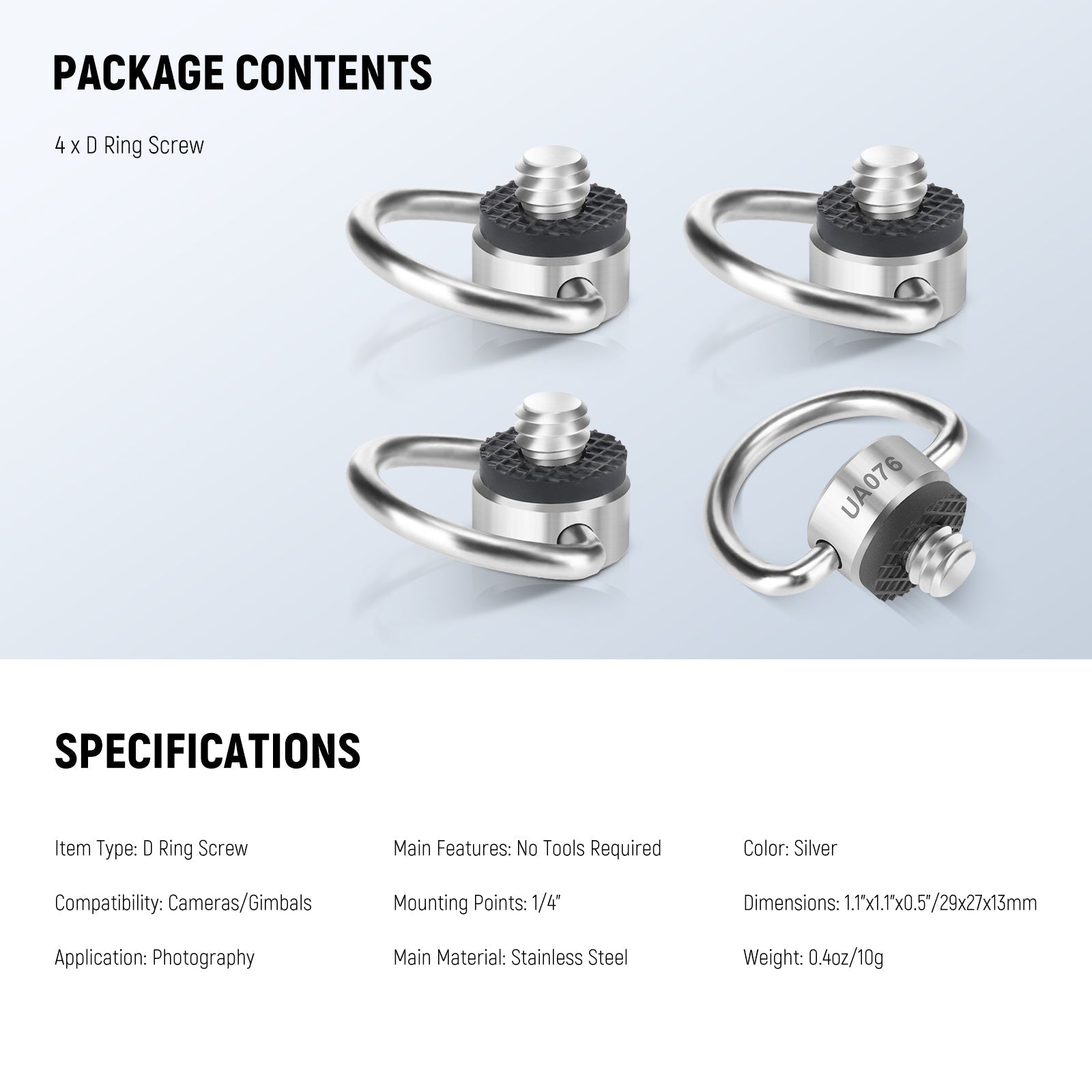 NEEWER UA076 Stainless Steel 1/4" D Ring Screw Set (4 Pack)