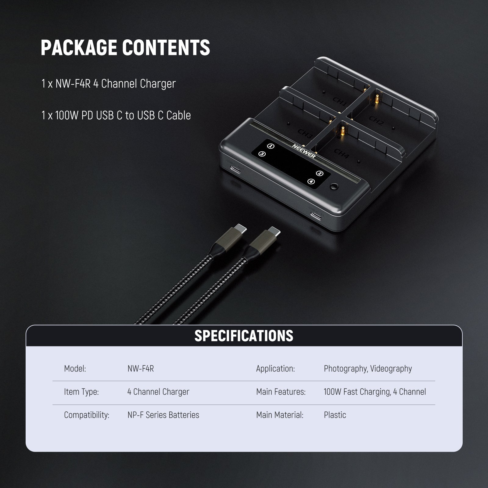 NEEWER NW-F4R 4 Channel Charger for NP-F Series Batteries
