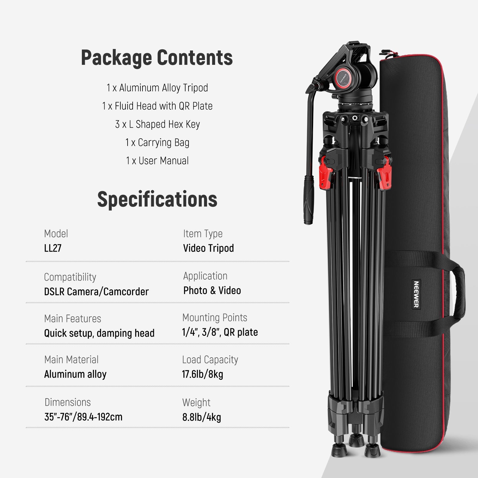 NEEWER LL27 76" Video Tripod with Fluid Head