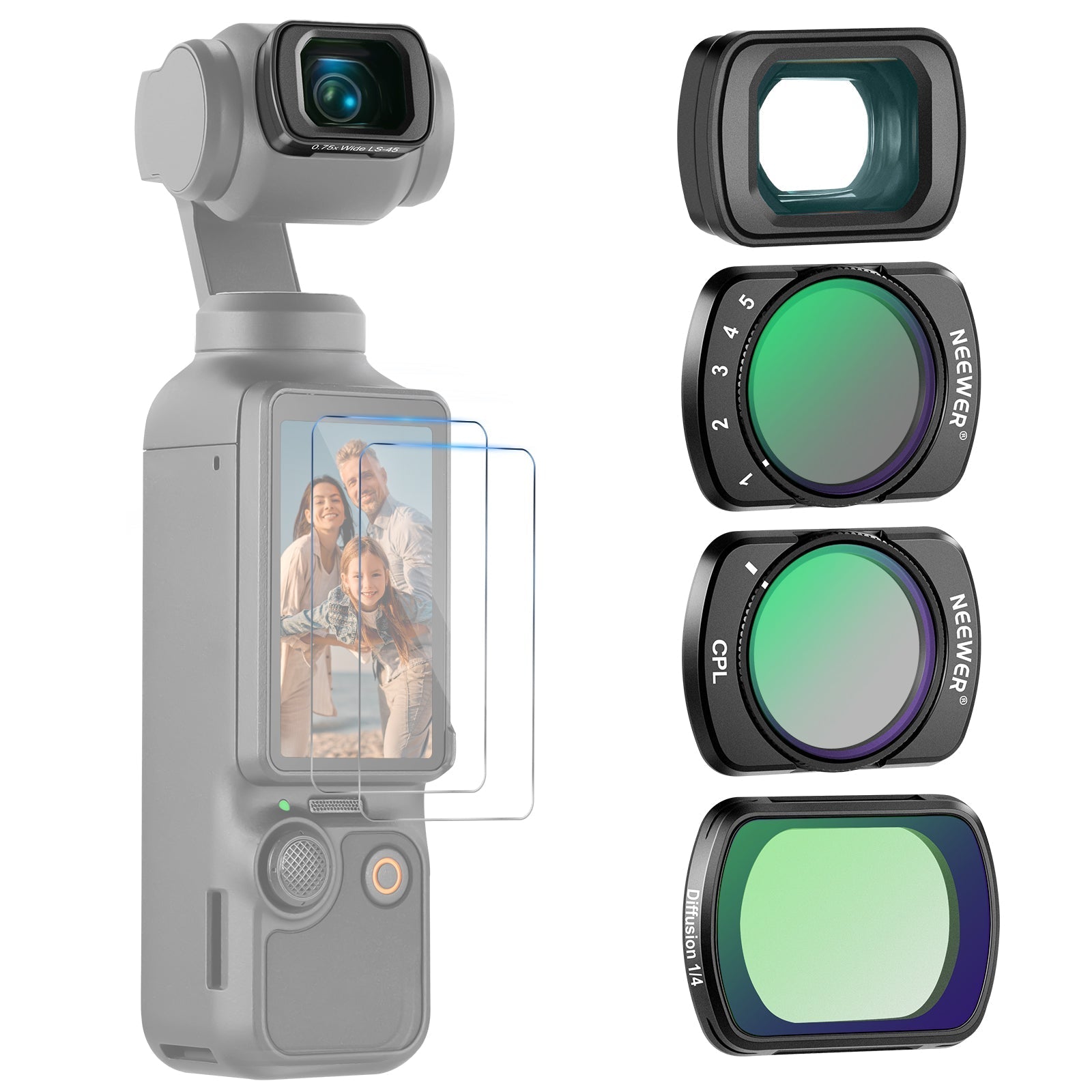 NEEWER Filter Set with Wide Angle Lens for DJI Osmo Pocket 3 / Pocket 4 & Xtra Muse