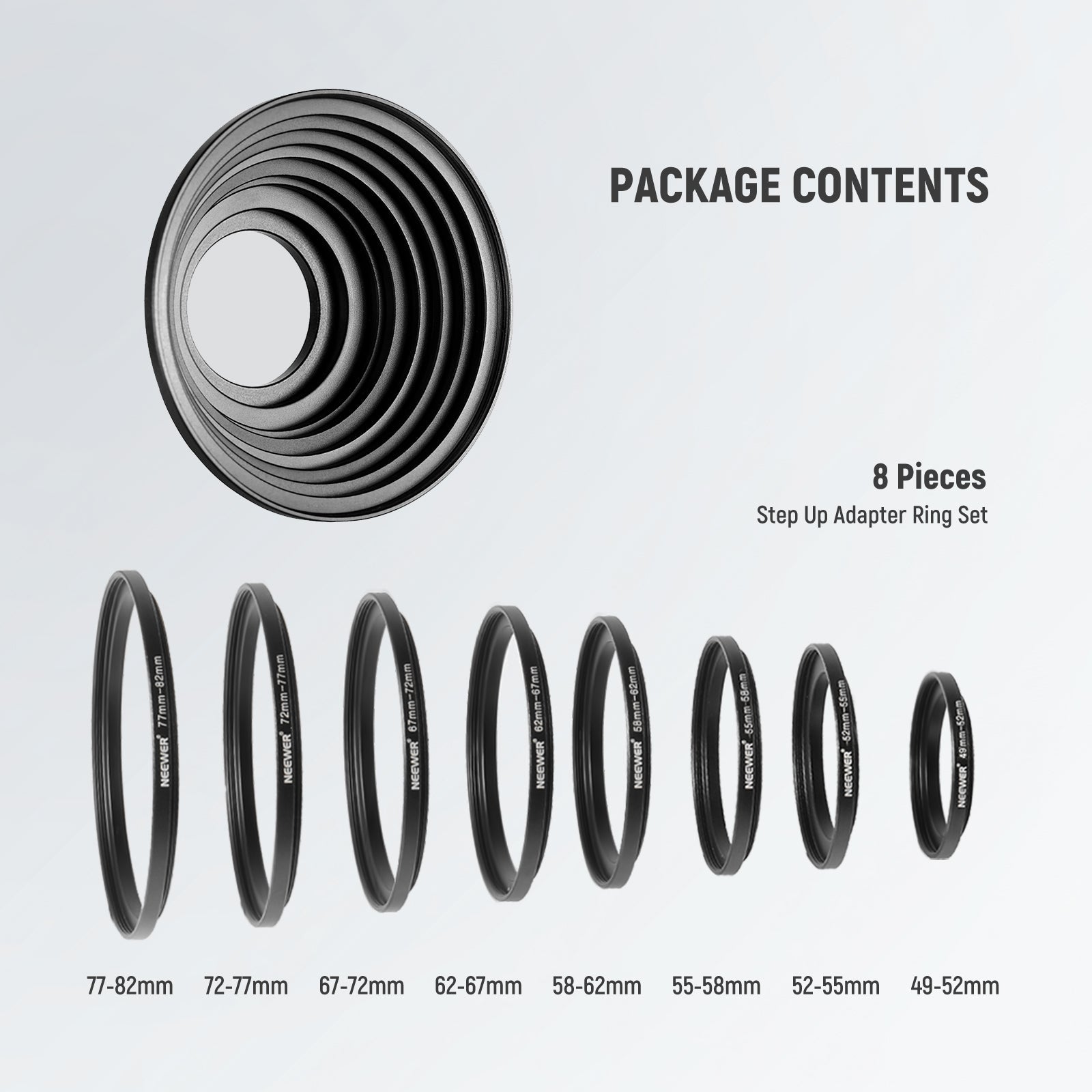 NEEWER 8 Pieces Anodized Aluminum Step-up Adapter Ring Set