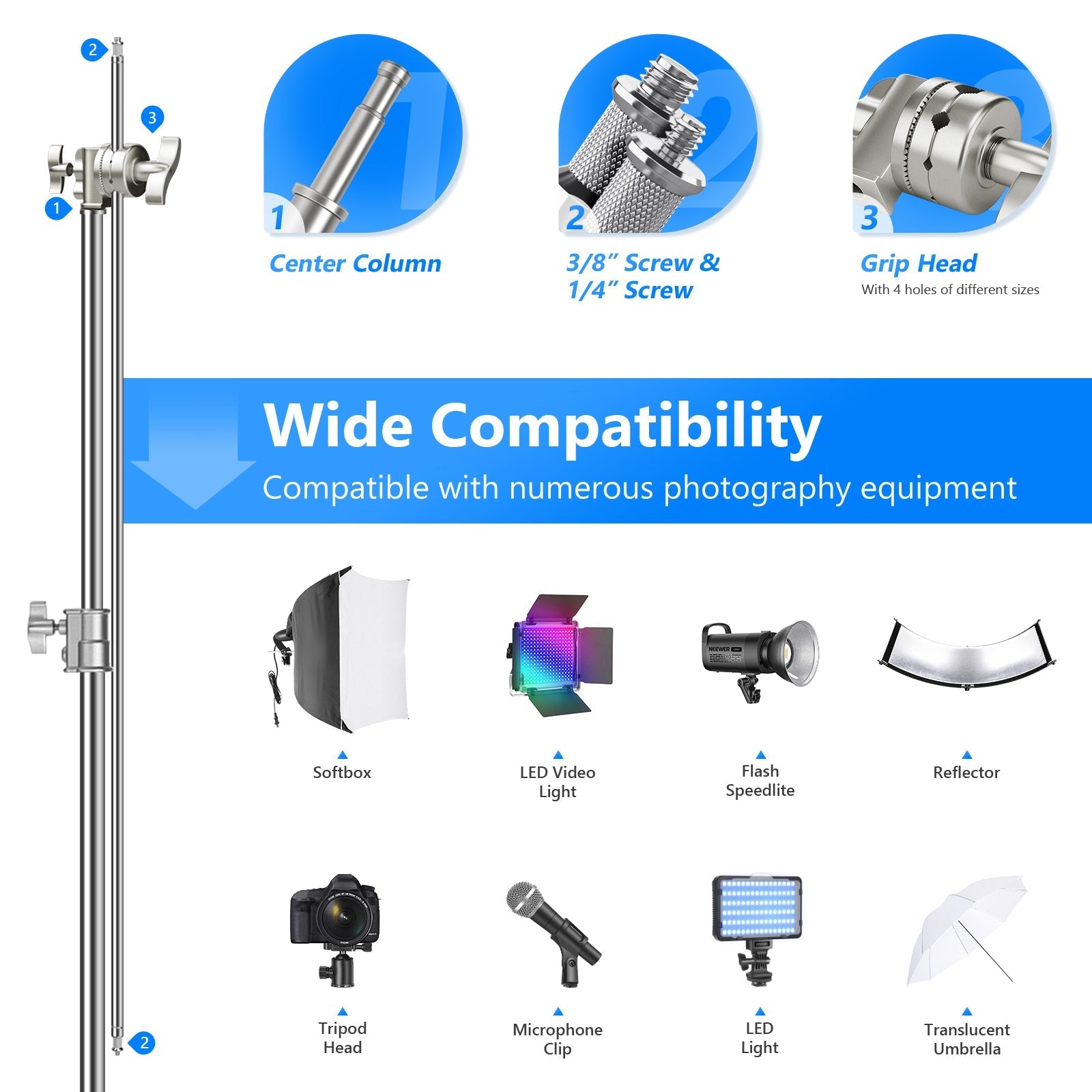 NEEWER SC320 320cm Stainless Steel C Stand with Boom Arm