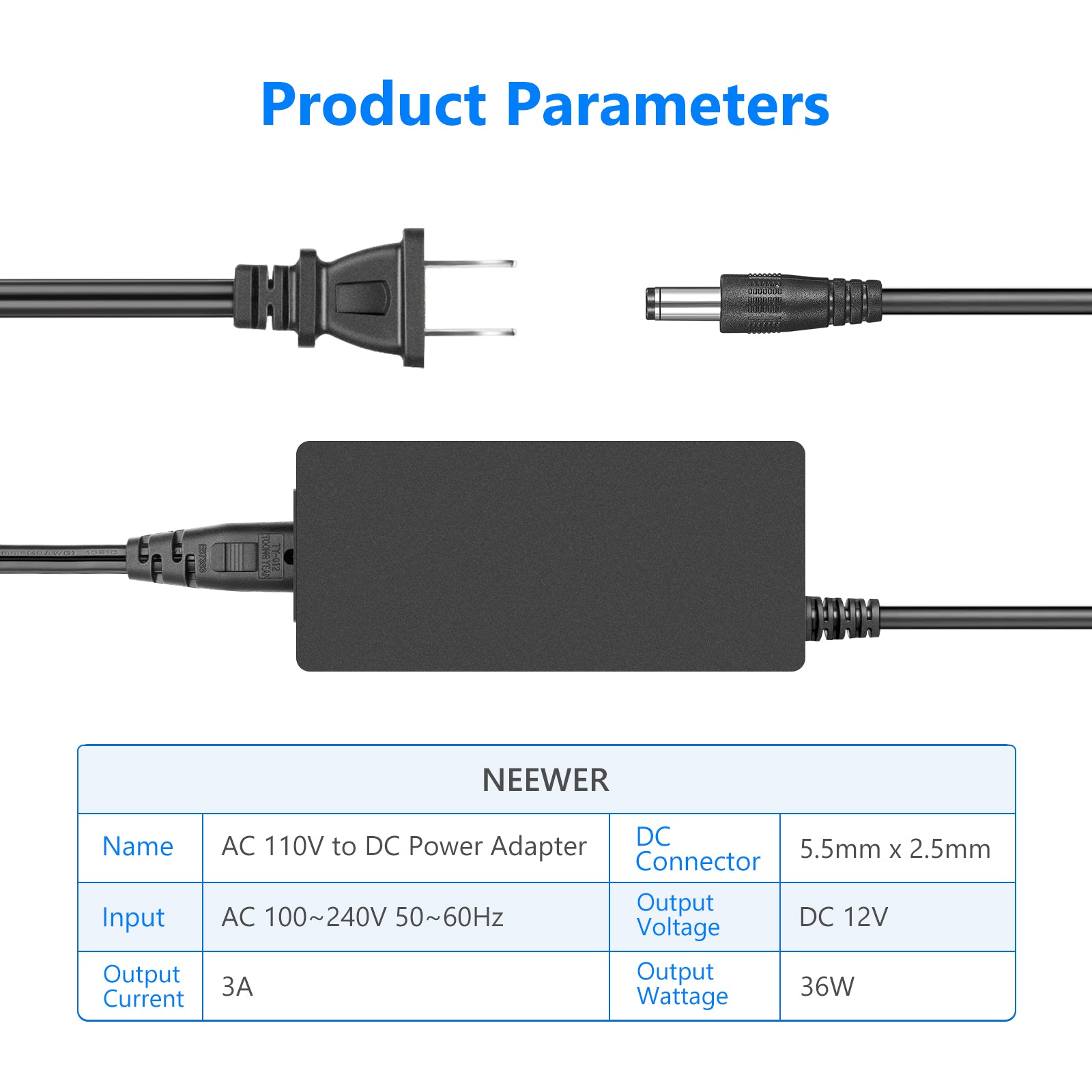 NEEWER AC 100-240V to DC 12V Power Supply Adapter (5A 60W / 3A 36W)