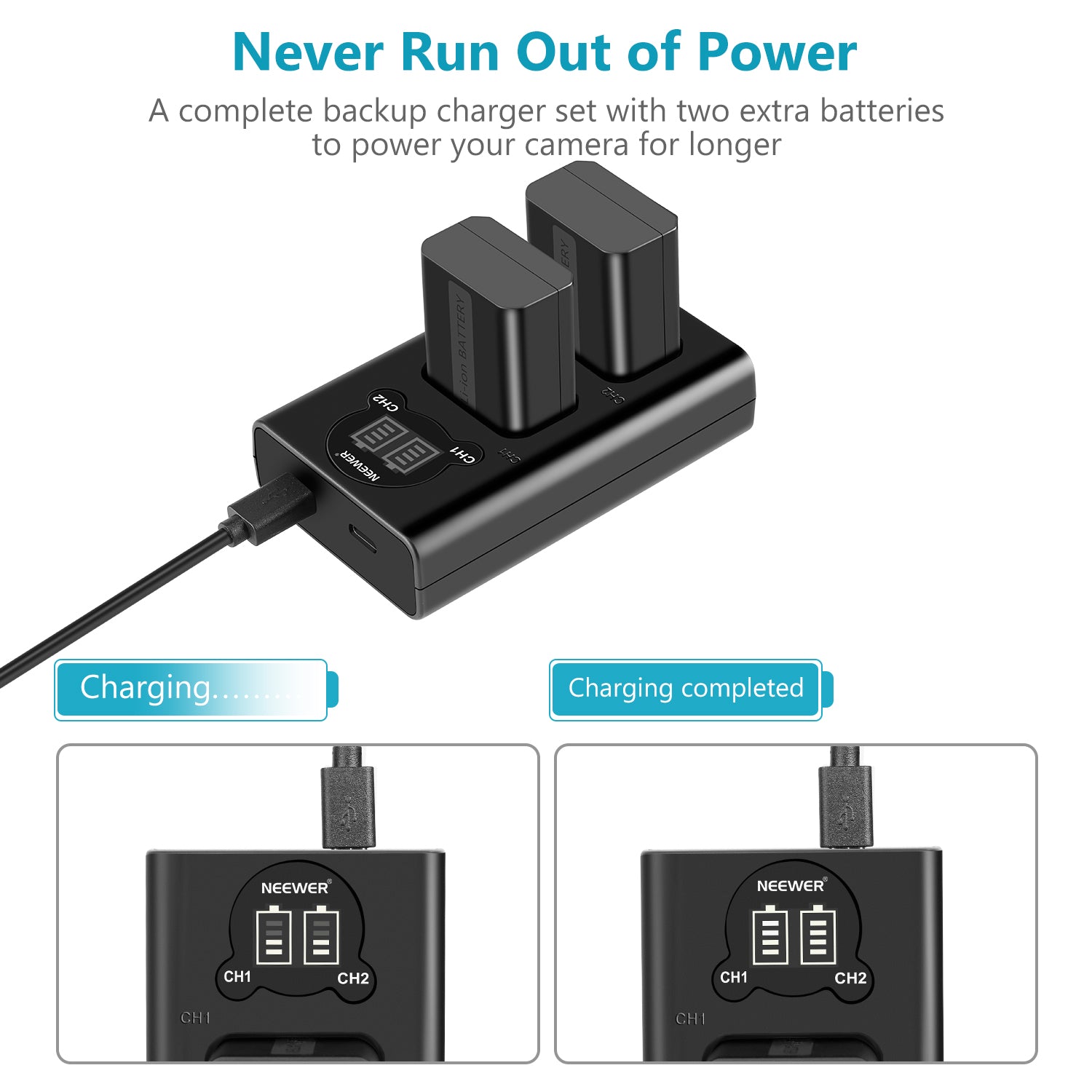 NEEWER 2-Pack NP-FW50 Sony Replacement Battery Charger Set