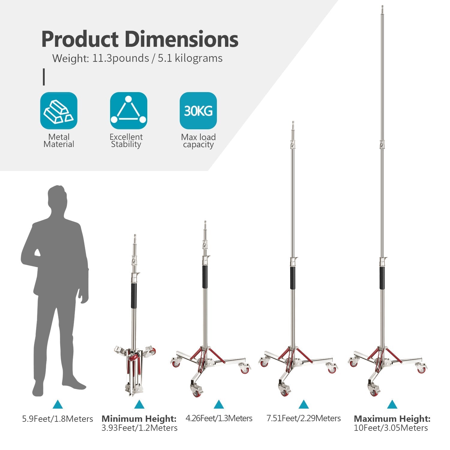 NEEWER SC305W 305cm Heavy Duty Stainless Steel Light Stand with Casters