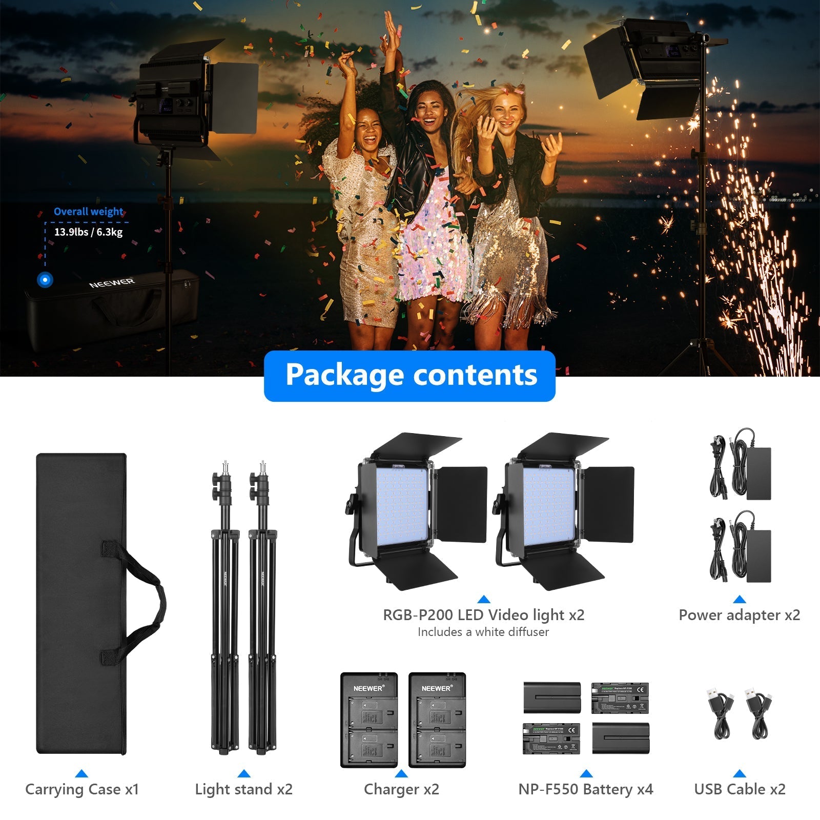 NEEWER 2 Pack P200 RGB LED Video Light Kit with APP Control