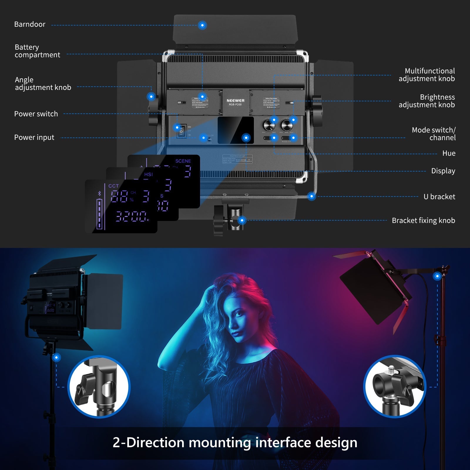 NEEWER 2 Pack P200 RGB LED Video Light Kit with APP Control