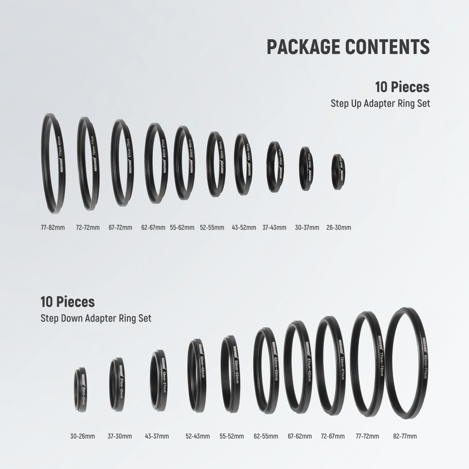 NEEWER 20 Pieces Anodized Black Metal Lens Filter Adapter Ring Kit