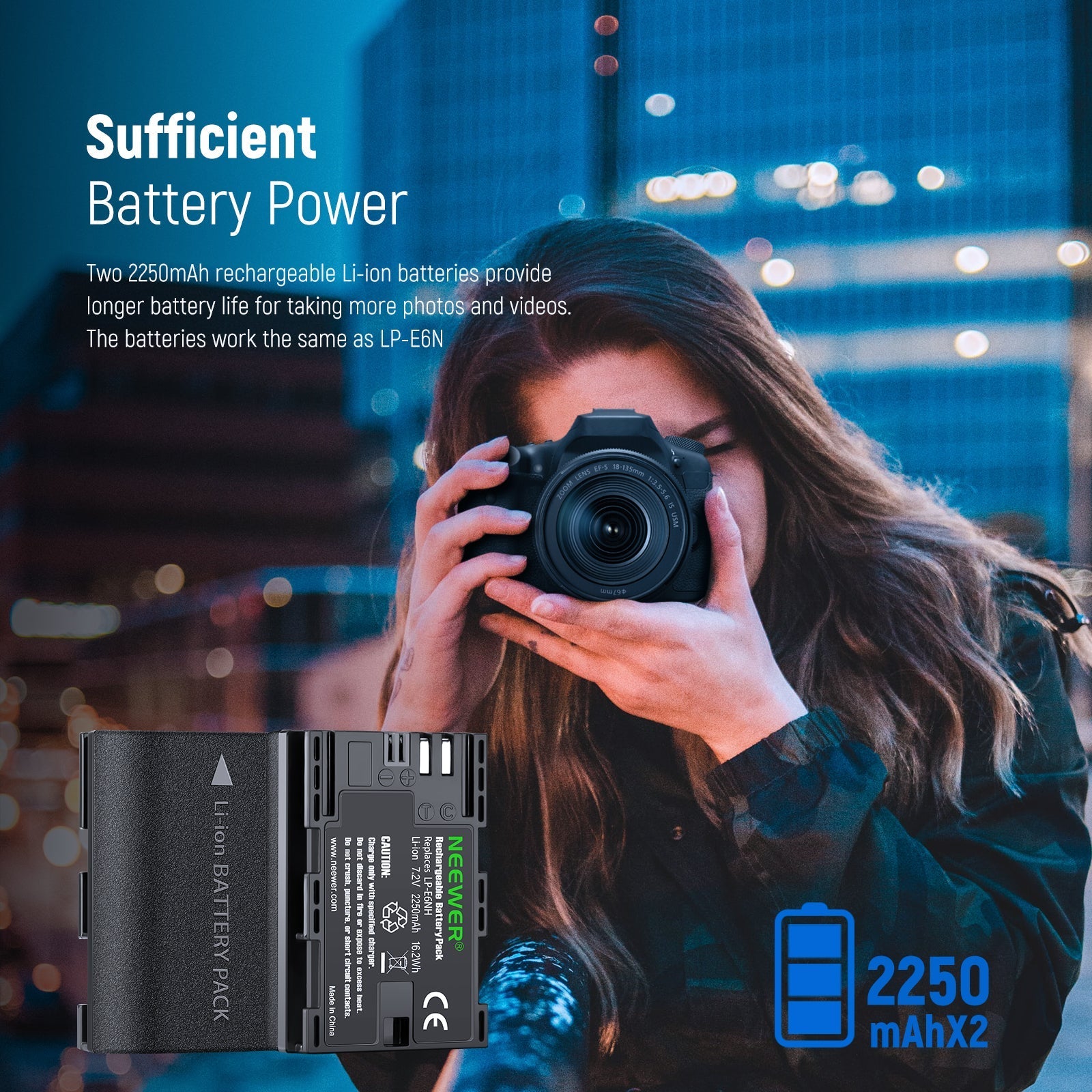 NEEWER 2-Pack LP-E6NH 2250mAh R6 II Canon Replacement Batteries Charger Set