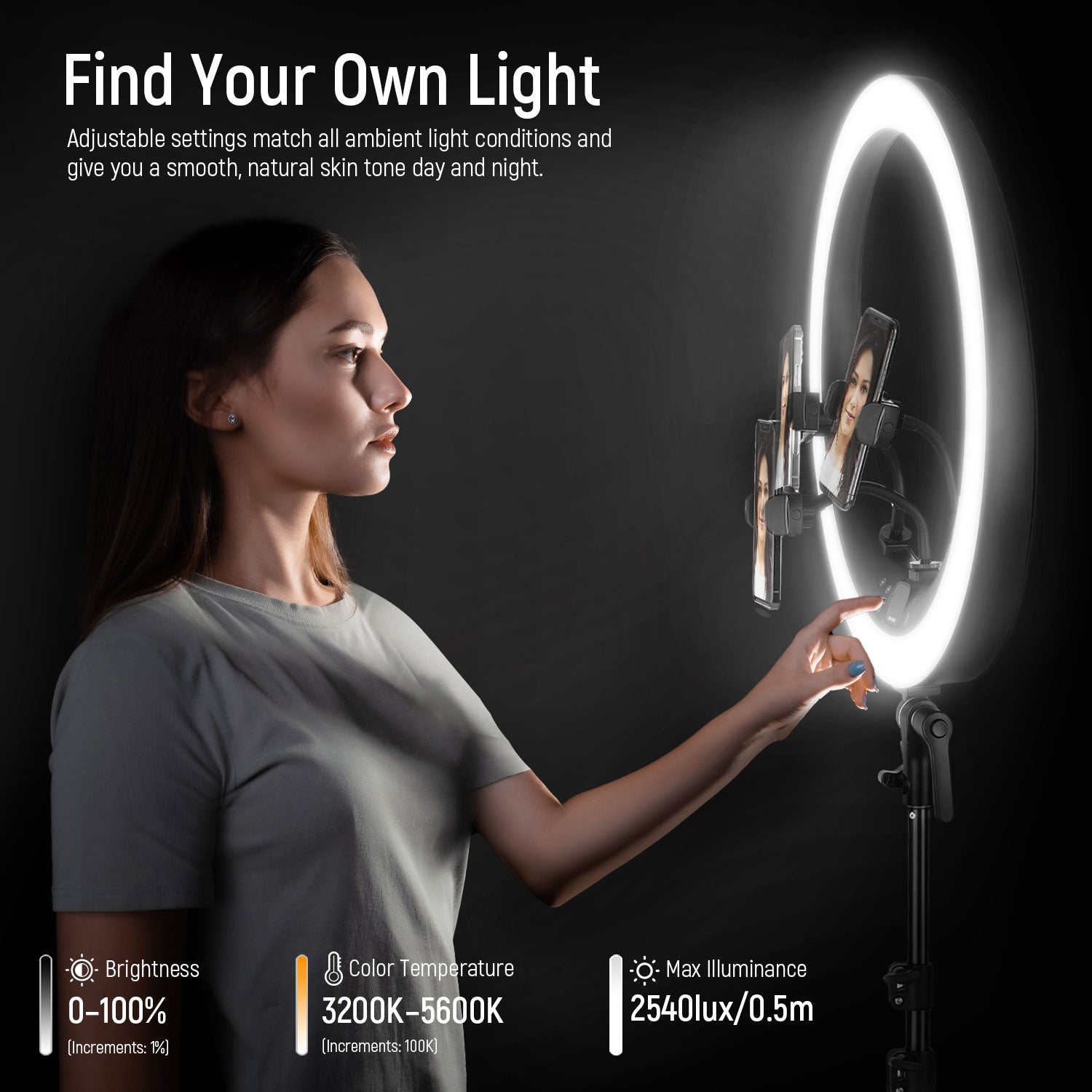 NEEWER RP19H 19 Inch LED Ring Light With 3 Phone Holders