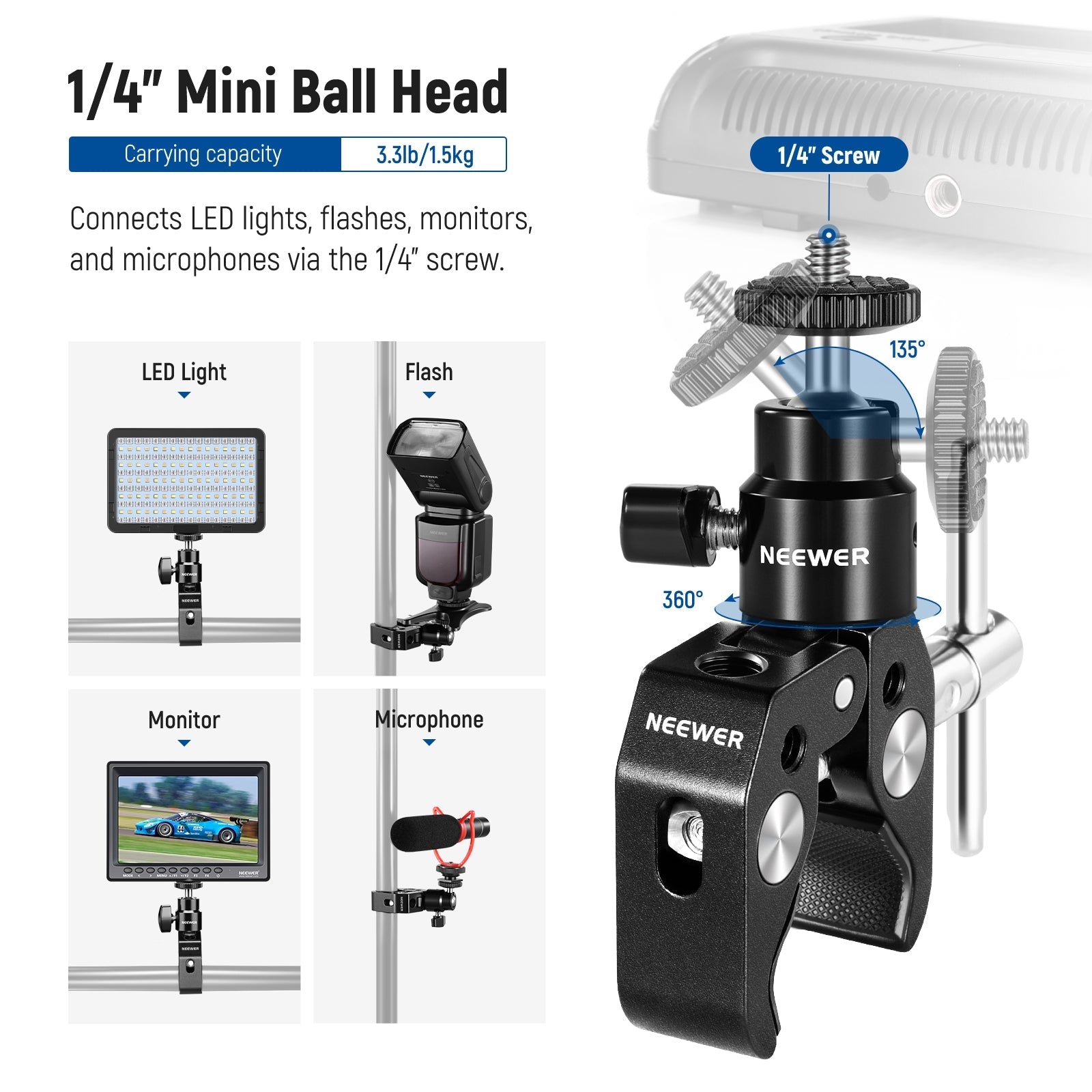 NEEWER ST48 Crab Clamp & Mini Ball Head for Microphone