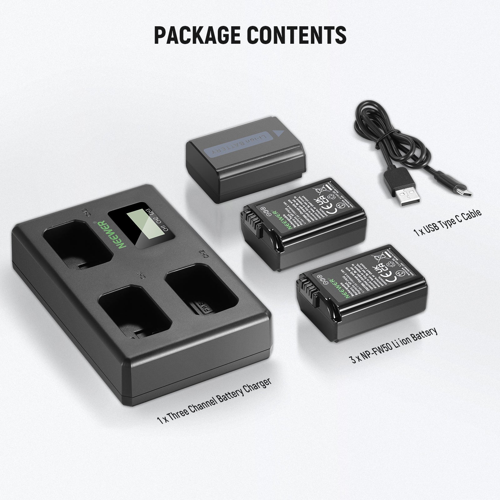 NEEWER 3 Pack Replacement Battery and Charger Set for Sony NP-FW50