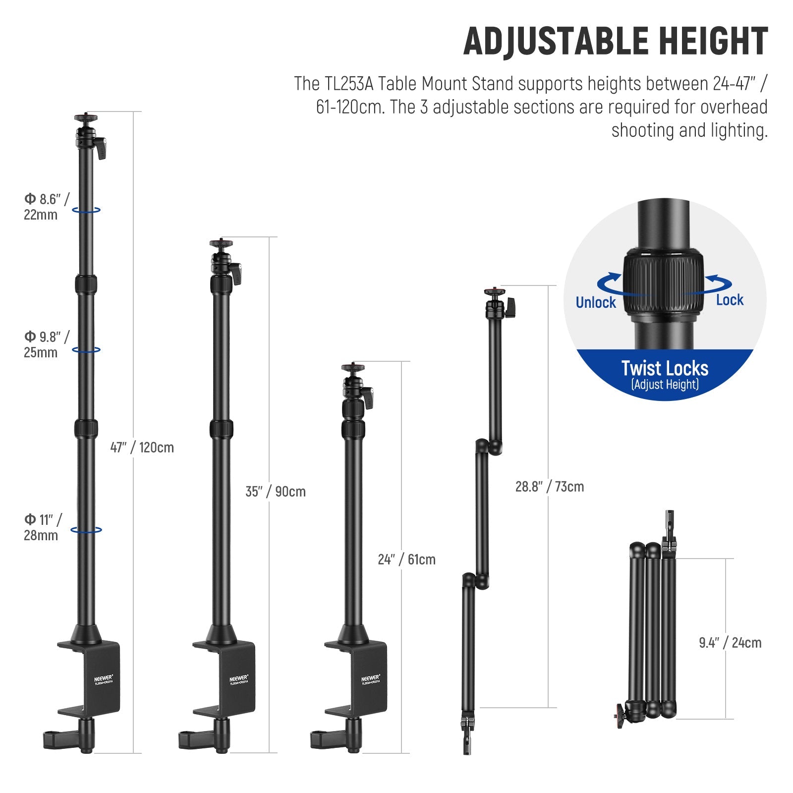 NEEWER TL253A+MH022 Upgraded Tabletop Camera Mount Stand