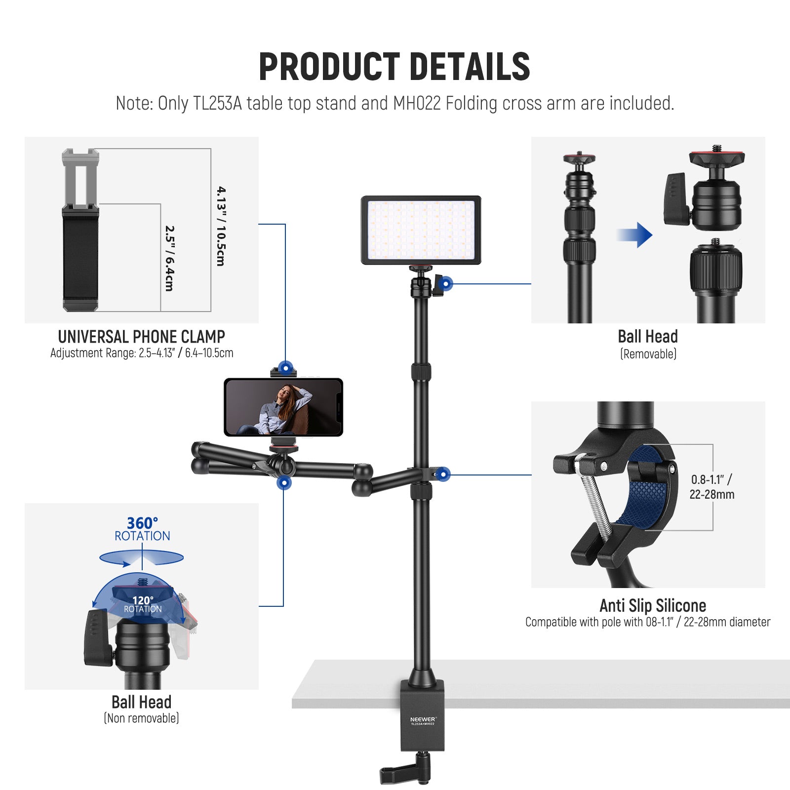 NEEWER TL253A+MH022 Upgraded Tabletop Camera Mount Stand