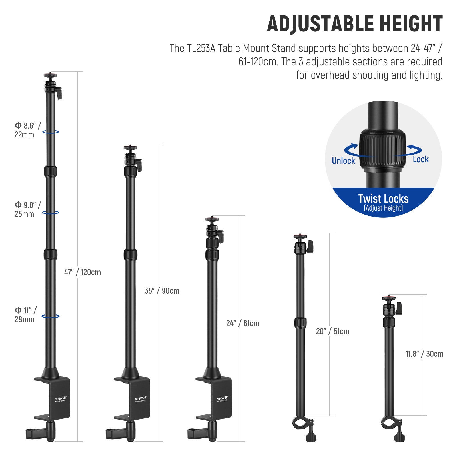 NEEWER TL253A+DS001 Tabletop Overhead Camera Mount Stand