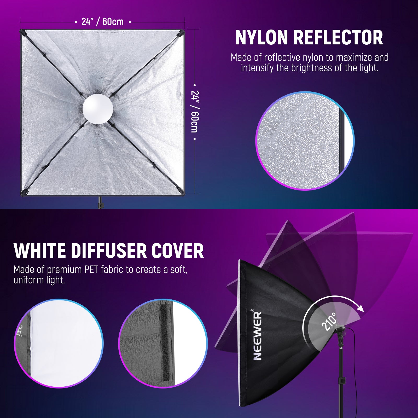 NEEWER NK800 24"x24"/60x60cm RGB Softbox Lighting Kit with App Control