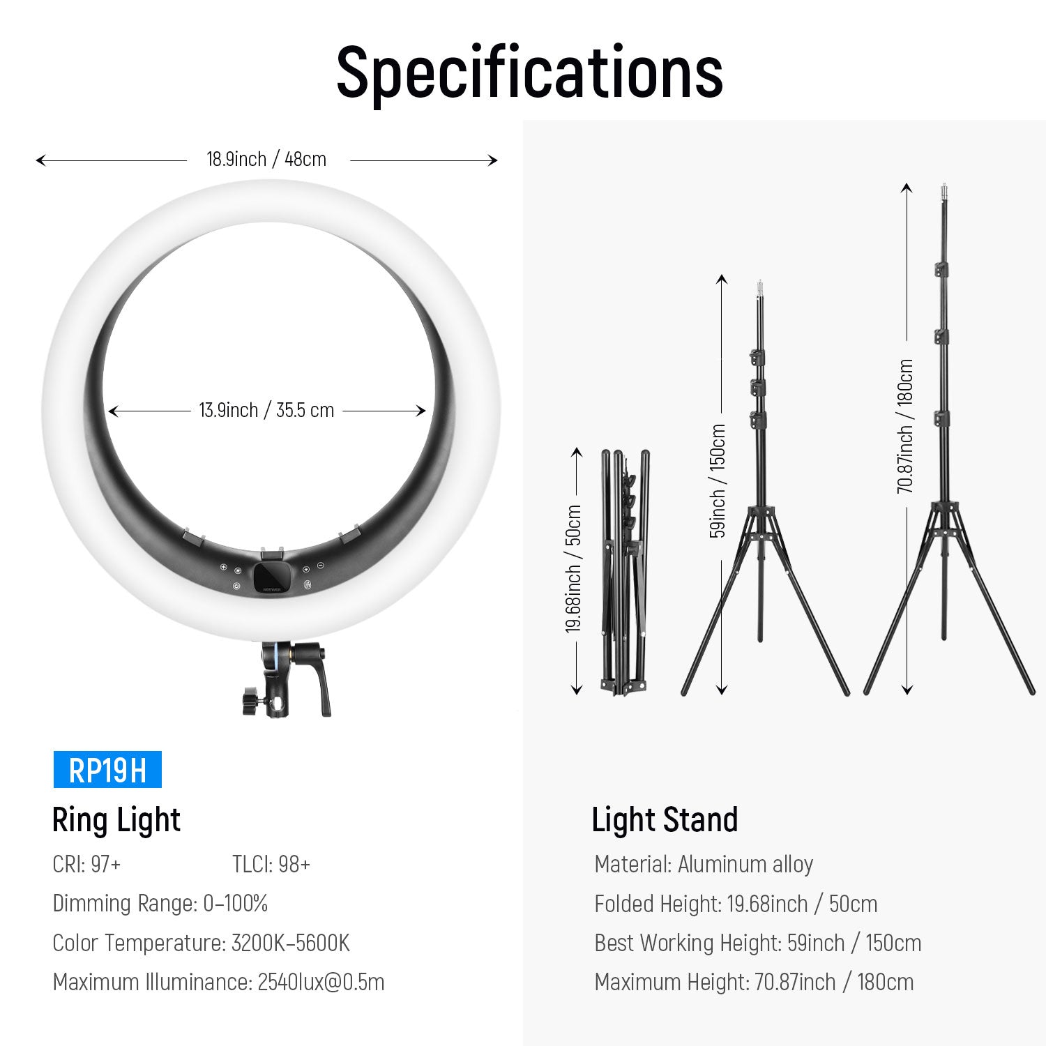 NEEWER RP19H 19 Inch LED Ring Light With 3 Phone Holders