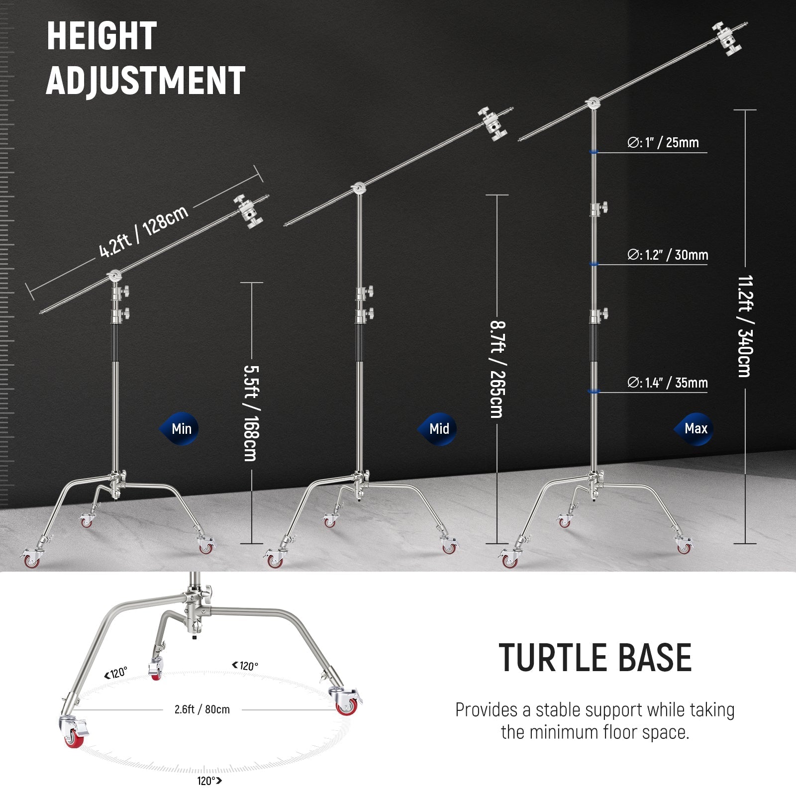 NEEWER Pro 330cm Stainless Steel C Stand with Boom Arm
