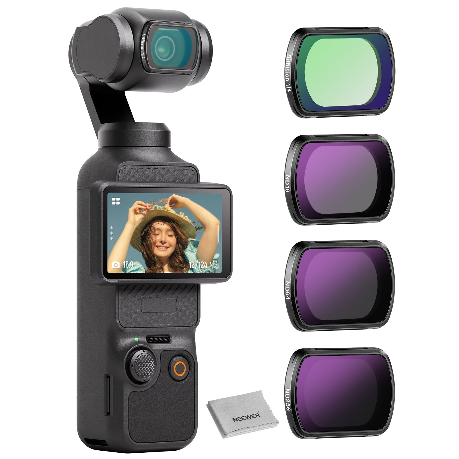NEEWER FL-42 4-Pack Magnetic ND & Black Diffusion 1/4 Filter Kit for Pocket 3 / Pocket 4 & Xtra Muse