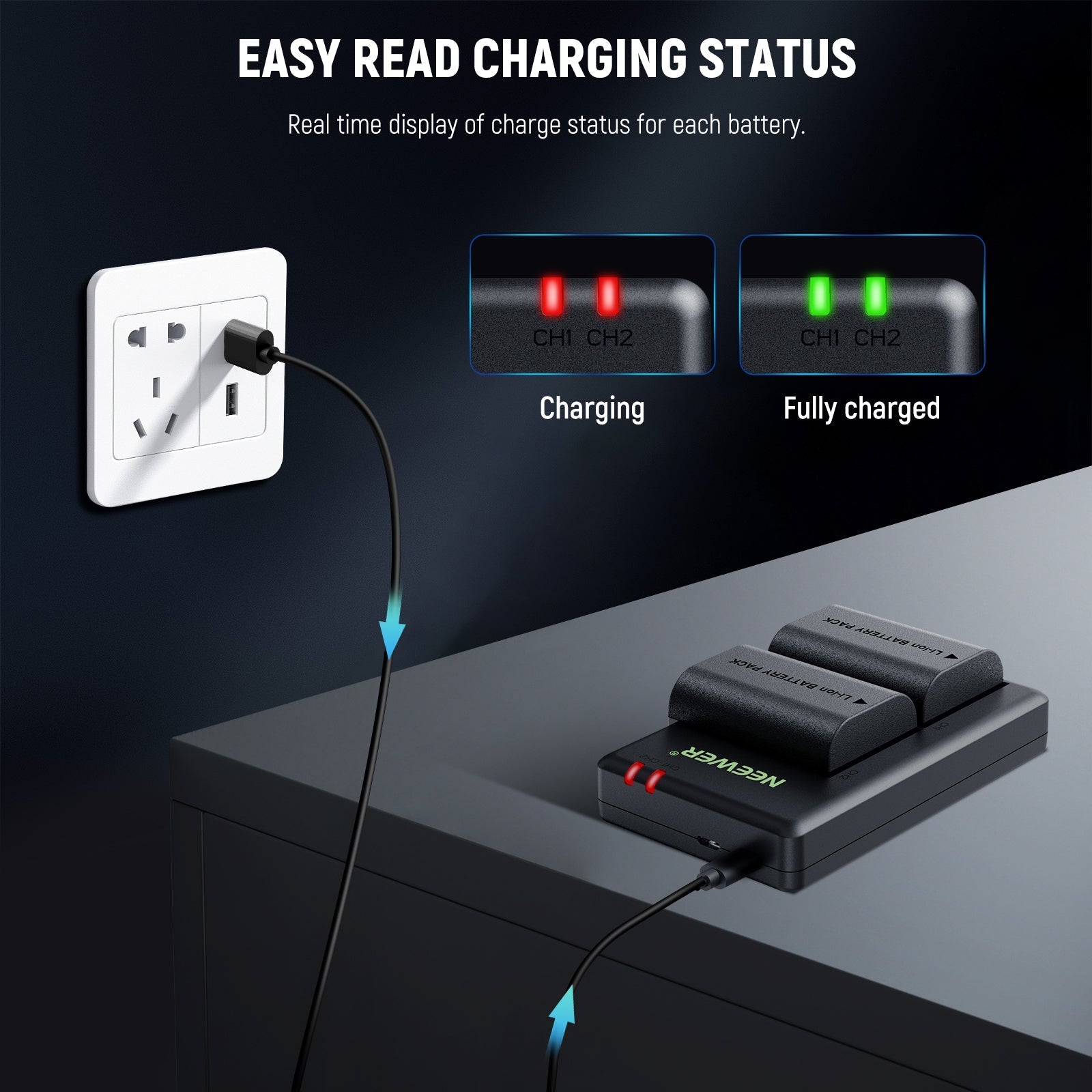 NEEWER 2 Pack 2200mAh LP-E6P/LP-E6NH Replacement Batteries & USB Dual Charger