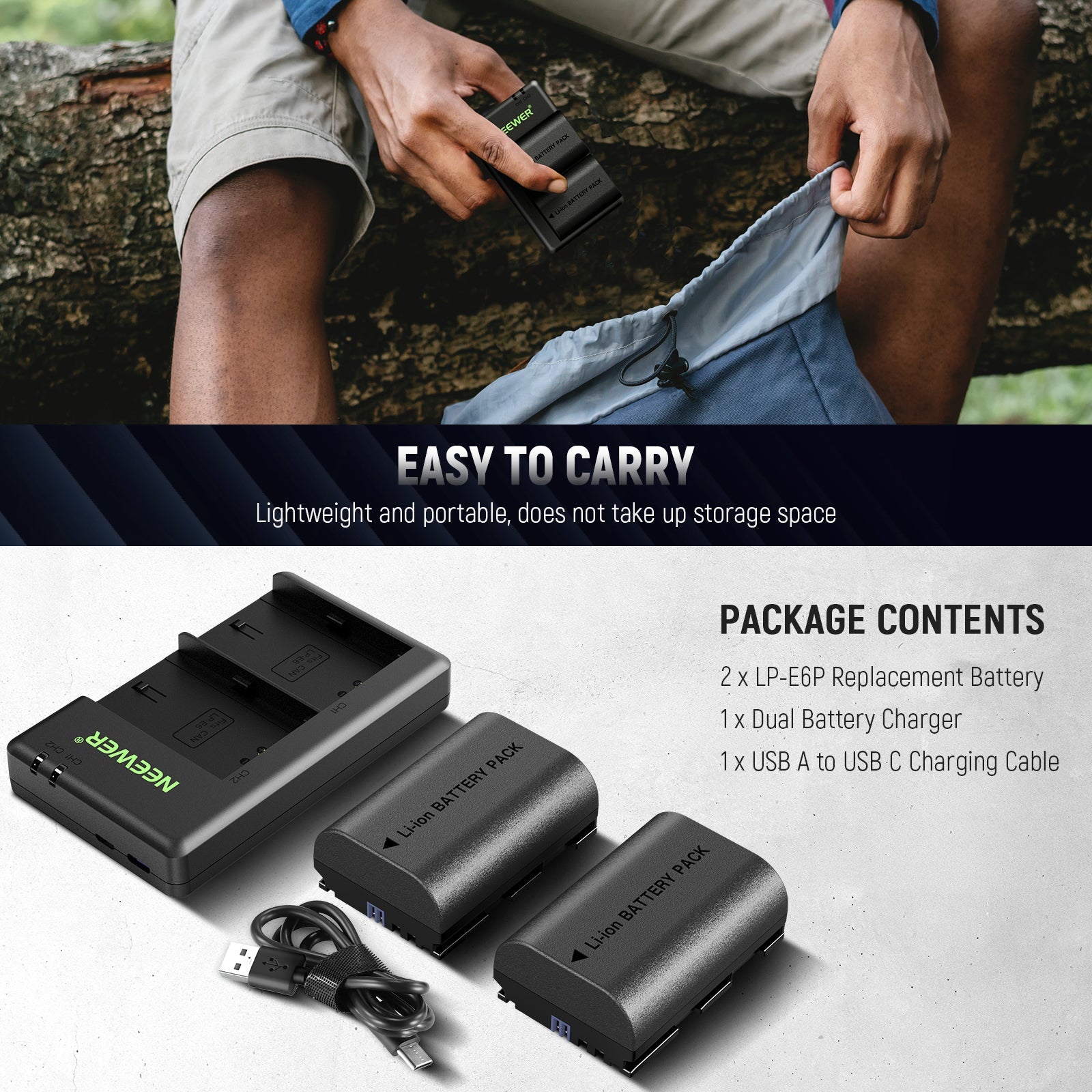 NEEWER 2 Pack 2200mAh LP-E6P/LP-E6NH Replacement Batteries & USB Dual Charger