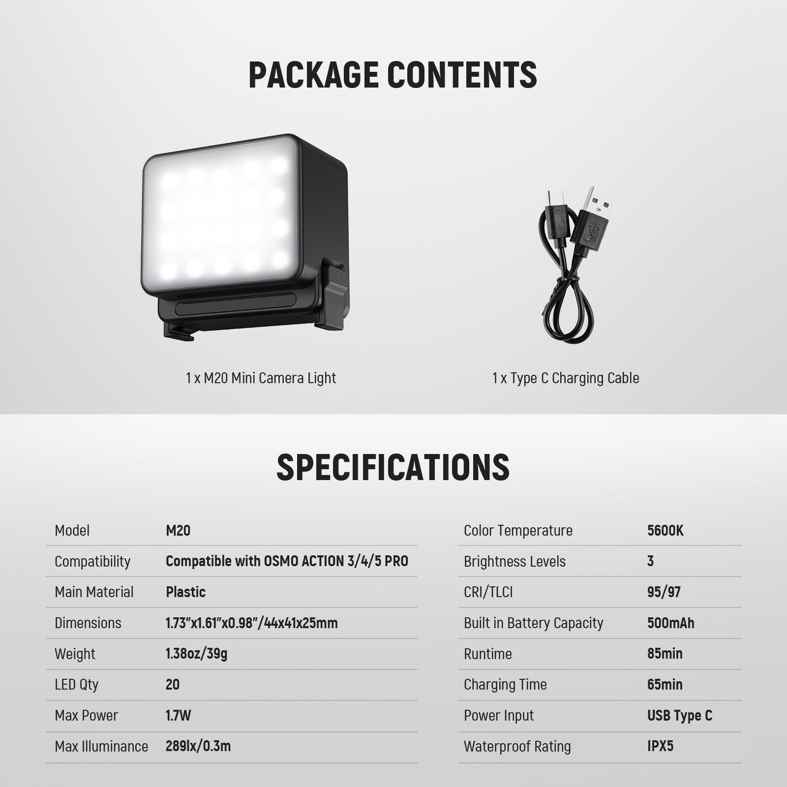NEEWER BASICS M20 Magnetic Mini Light for DJI OSMO Action 3/4/5 PRO