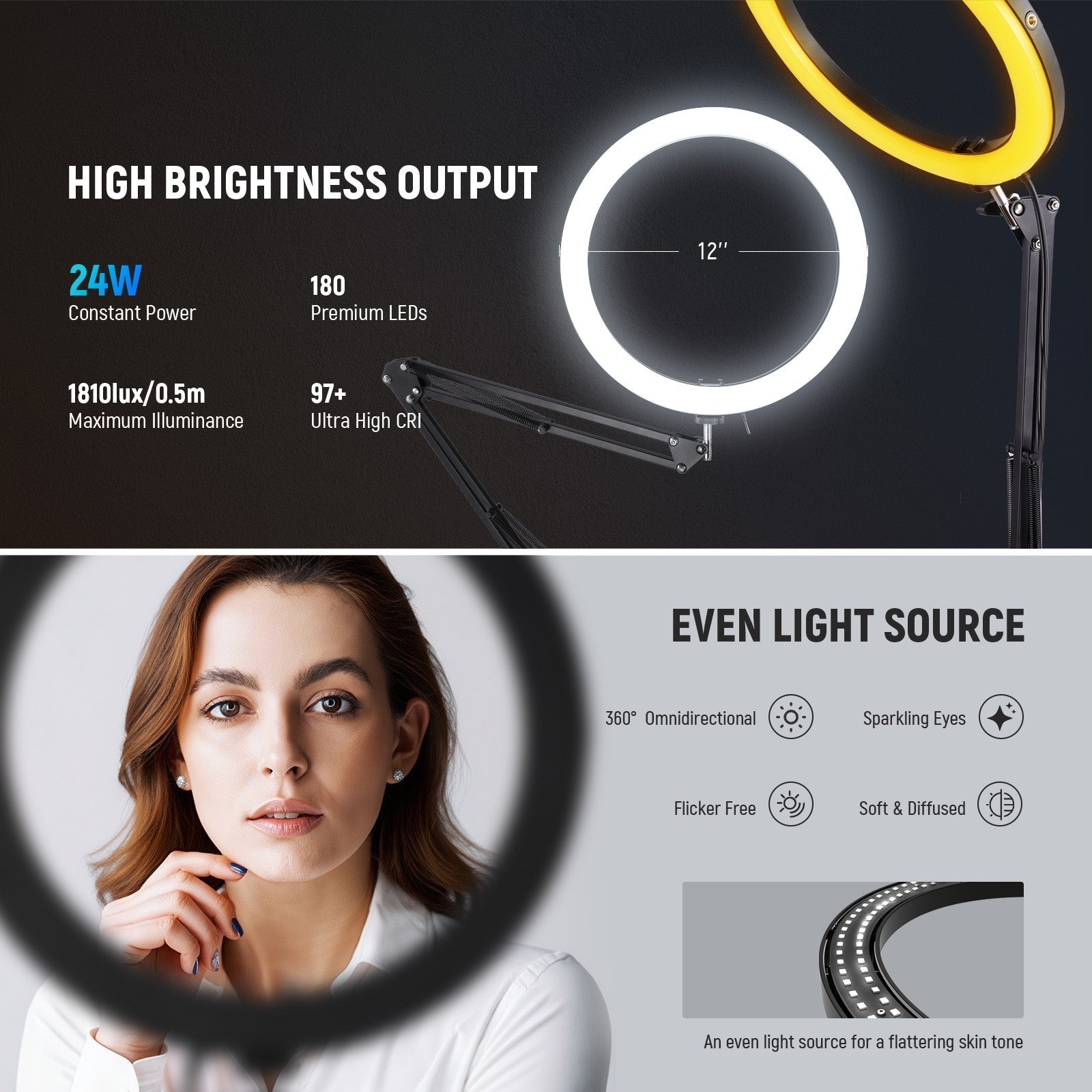 NEEWER RH12B 12" 24W High Power LED Ring Light with Foldable Stand