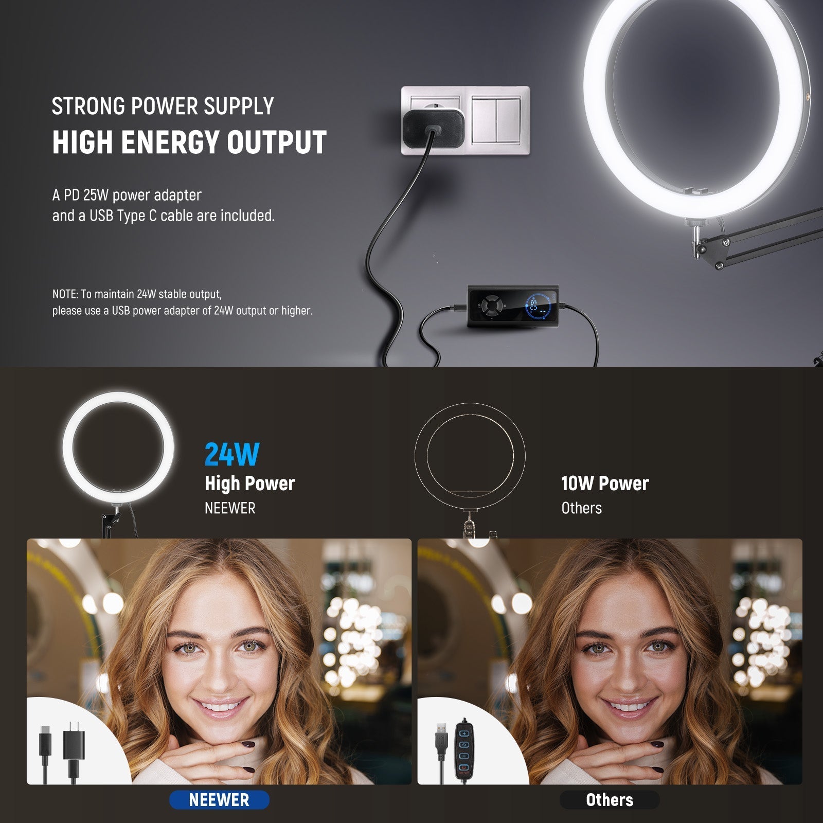 NEEWER RH12B 12" 24W High Power LED Ring Light with Foldable Stand