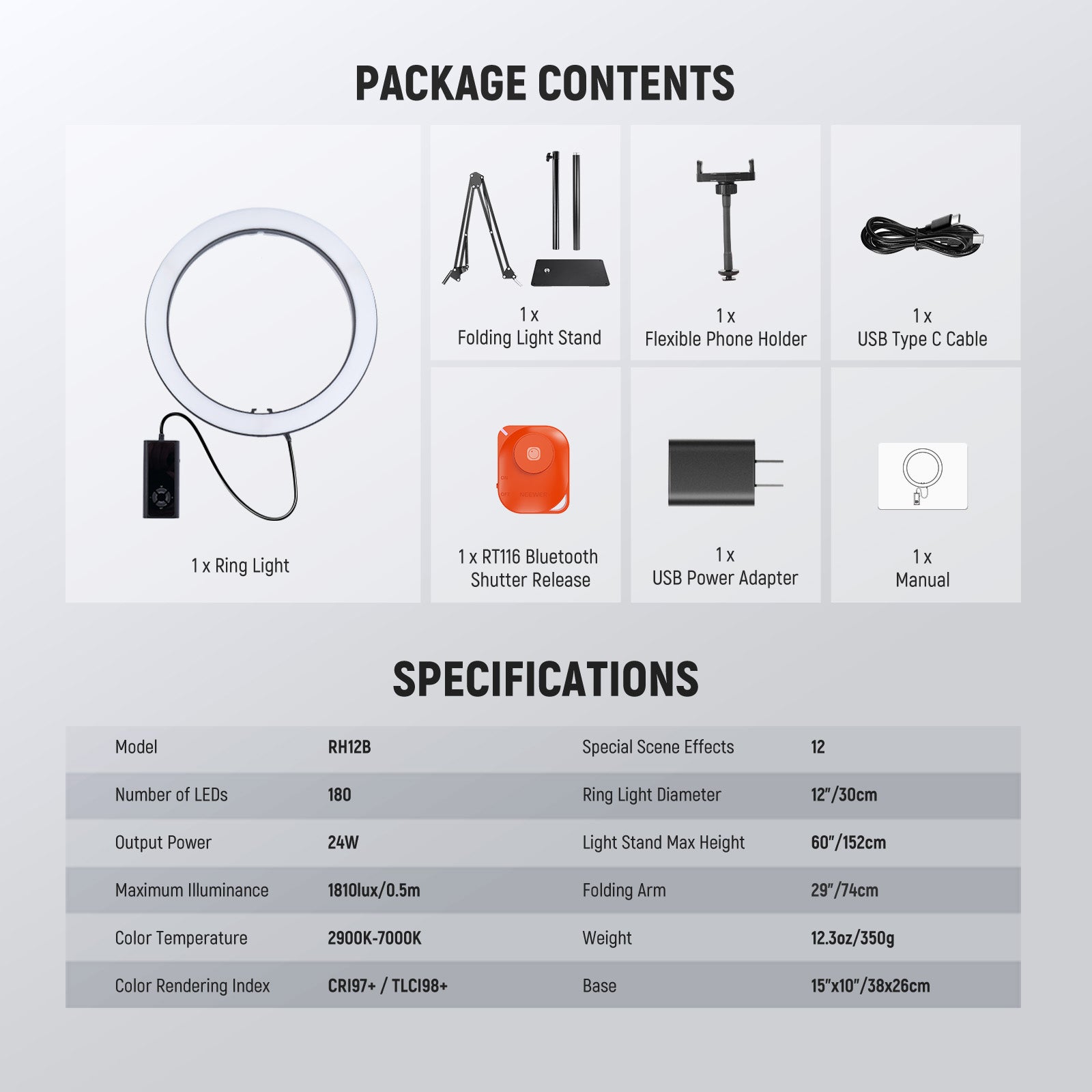 NEEWER RH12B 12" 24W High Power LED Ring Light with Foldable Stand