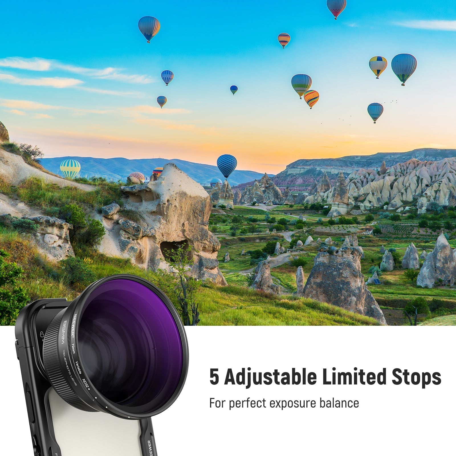 NEEWER 72mm Variable ND2-32 Filter with Lens Hood for 85mm Telephoto Phone Lens