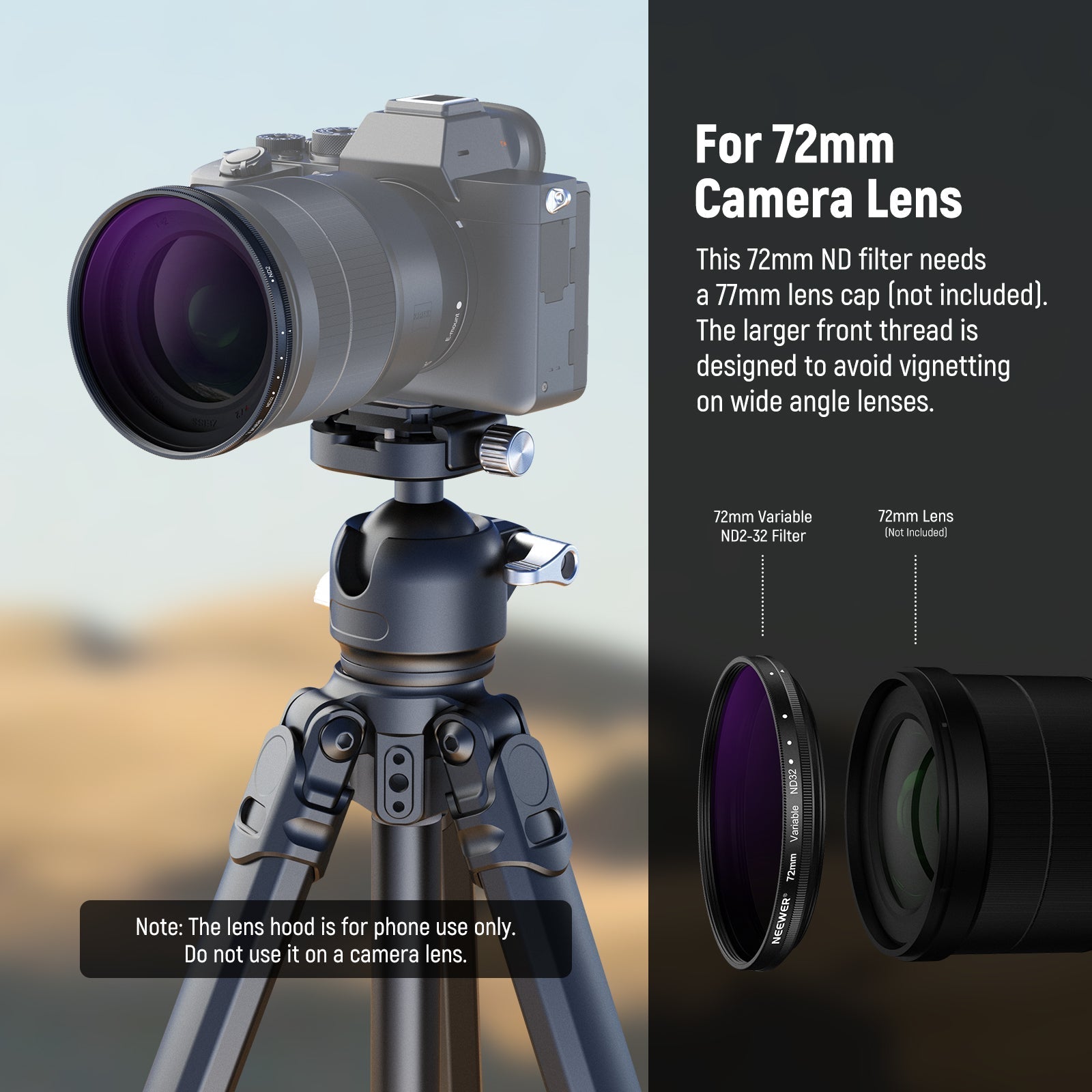 NEEWER 72mm Variable ND2-32 Filter with Lens Hood for 85mm Telephoto Phone Lens