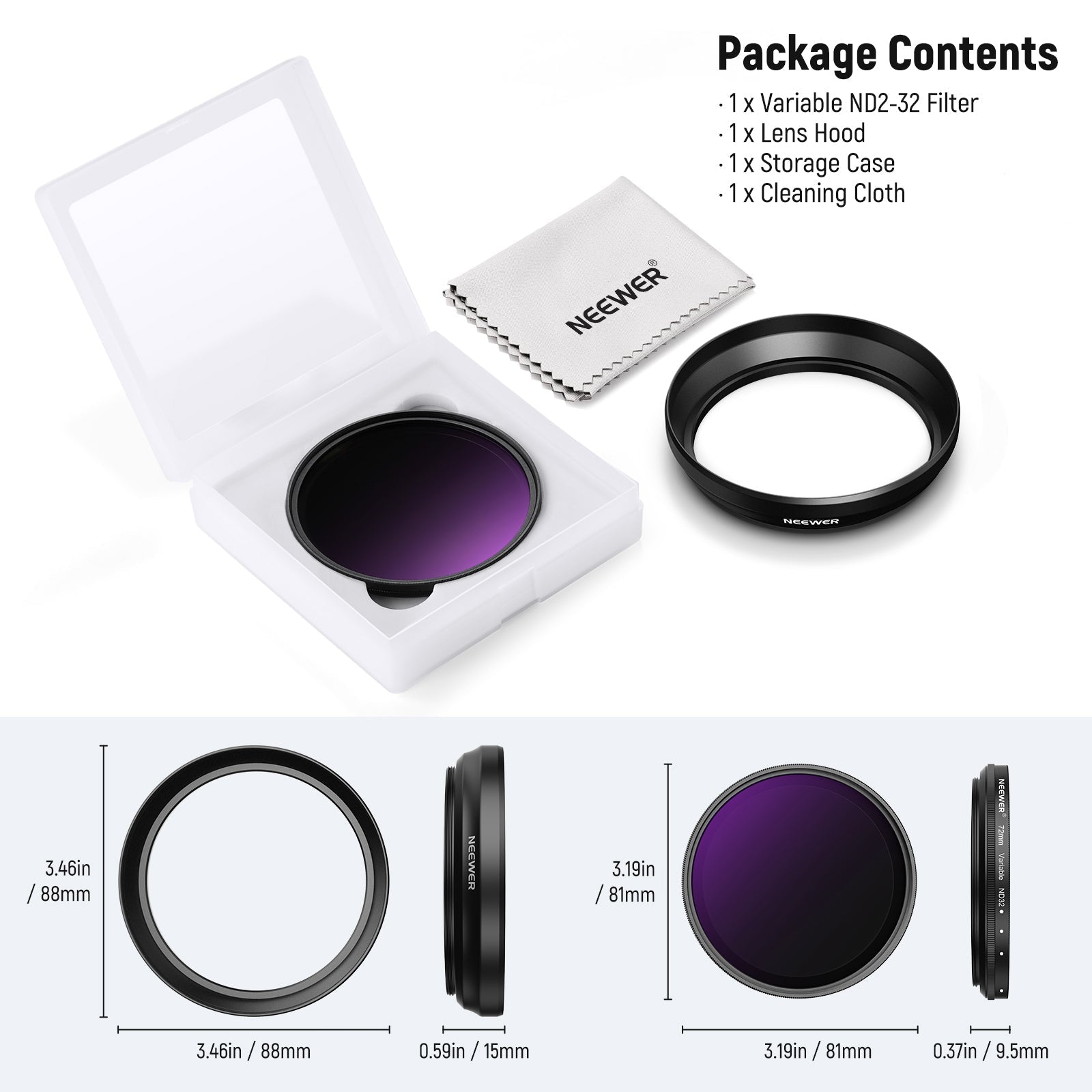 NEEWER 72mm Variable ND2-32 Filter with Lens Hood for 85mm Telephoto Phone Lens