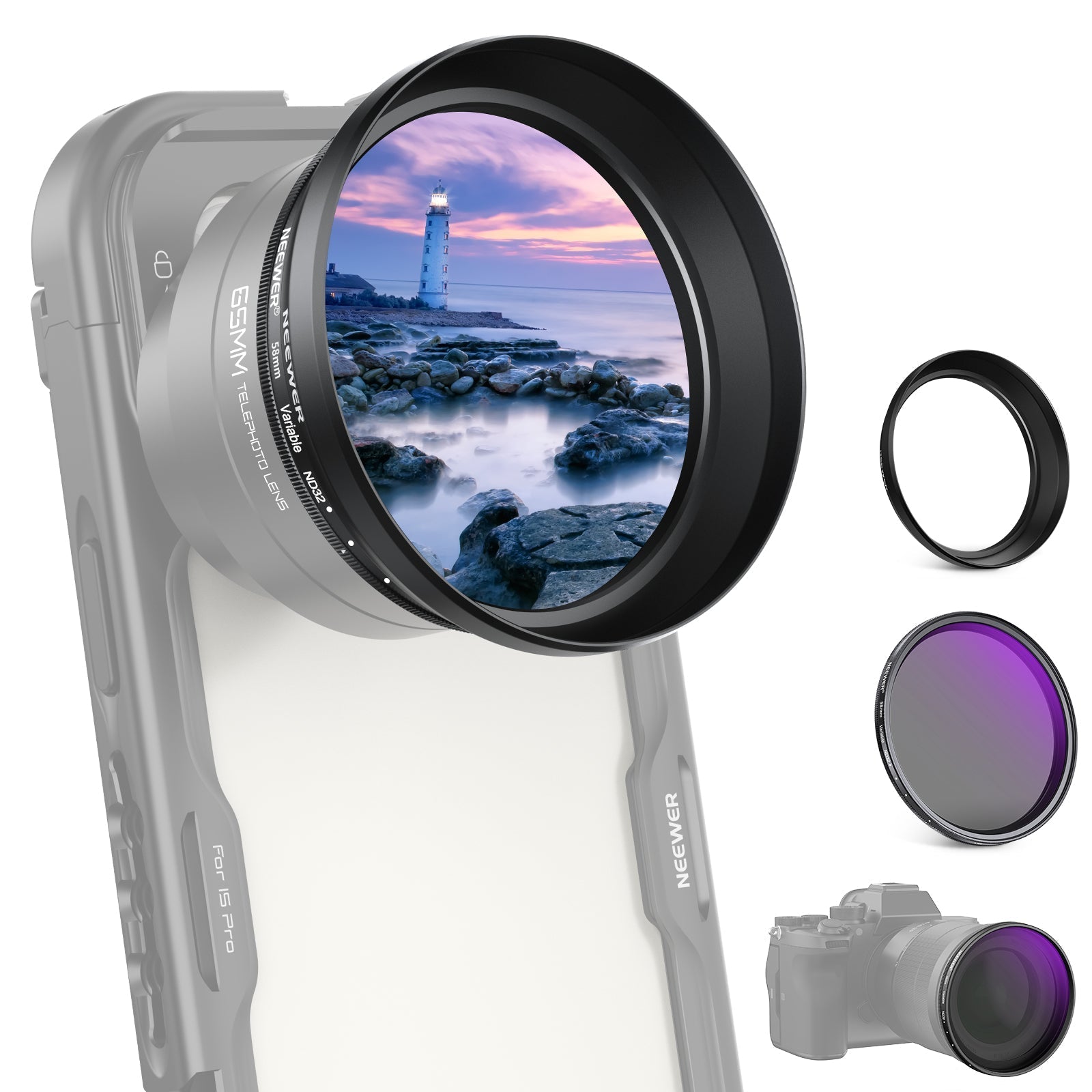 NEEWER 58mm Variable ND2-32 Filter with Lens Hood for 65mm Telephoto Phone Lens