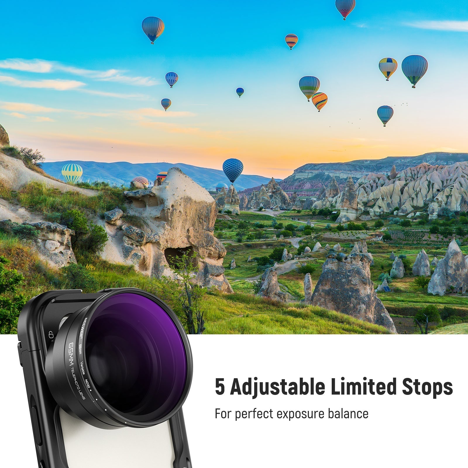NEEWER 58mm Variable ND2-32 Filter with Lens Hood for 65mm Telephoto Phone Lens
