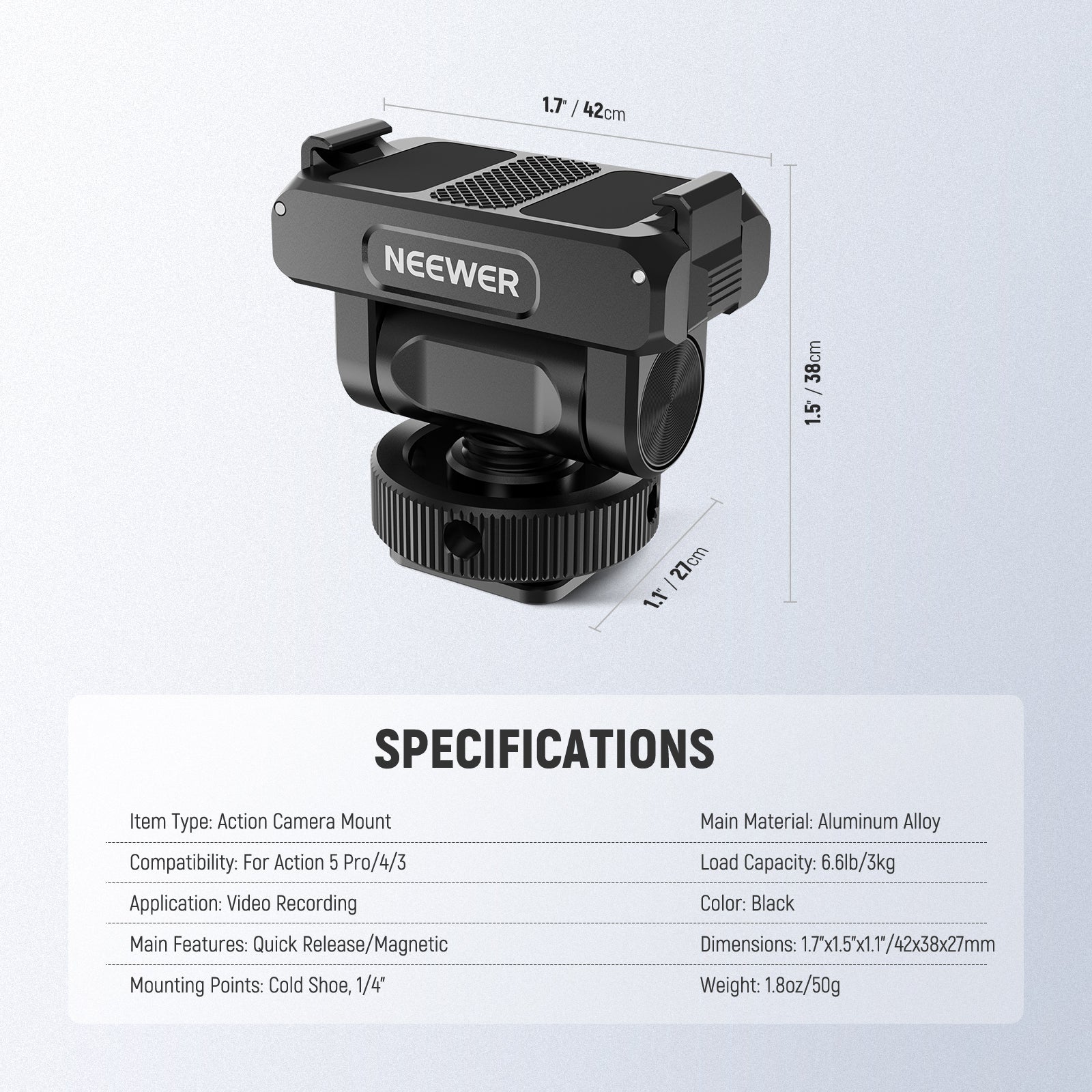 NEEWER AC012 Magnetic Cold Shoe Mount For DJI Osmo 360/Action 5 Pro/4/3