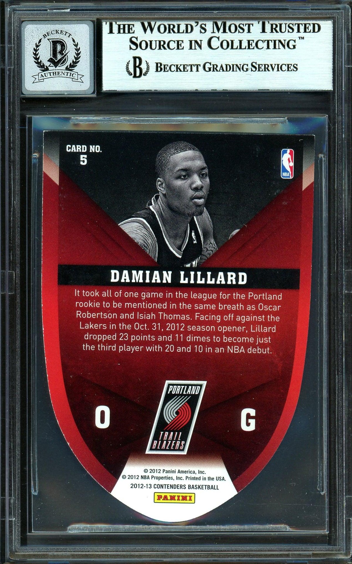 Damian Lillard Autographed 2012-13 Panini Contenders Rookie of the Year Rookie Card #5 Portland Trail Blazers Auto Grade Gem Mint 10 Beckett BAS #13605375
