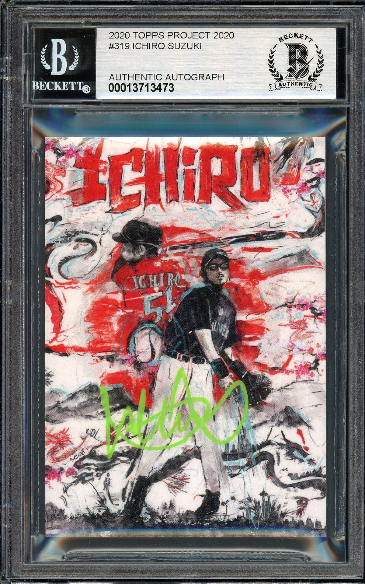 Ichiro Suzuki Autographed Topps Project 2020 Andrew Thiele Card #319 Seattle Mariners Auto Grade Gem Mint 10 Lime Green #/10 Beckett BAS Stock #201043