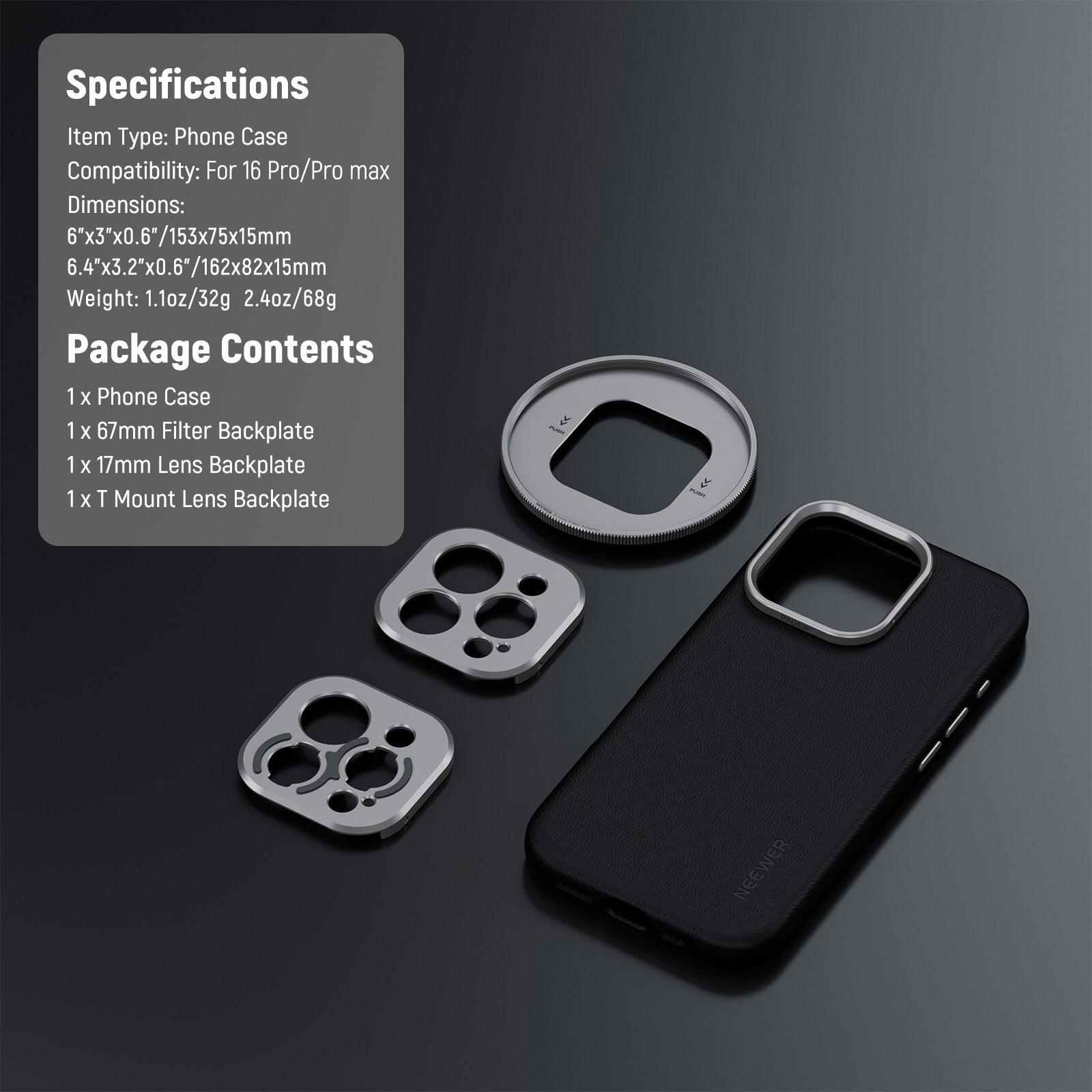 NEEWER PA083P/PA084P Black Case with 3 Backplates for iPhone 16 Pro/Pro Max