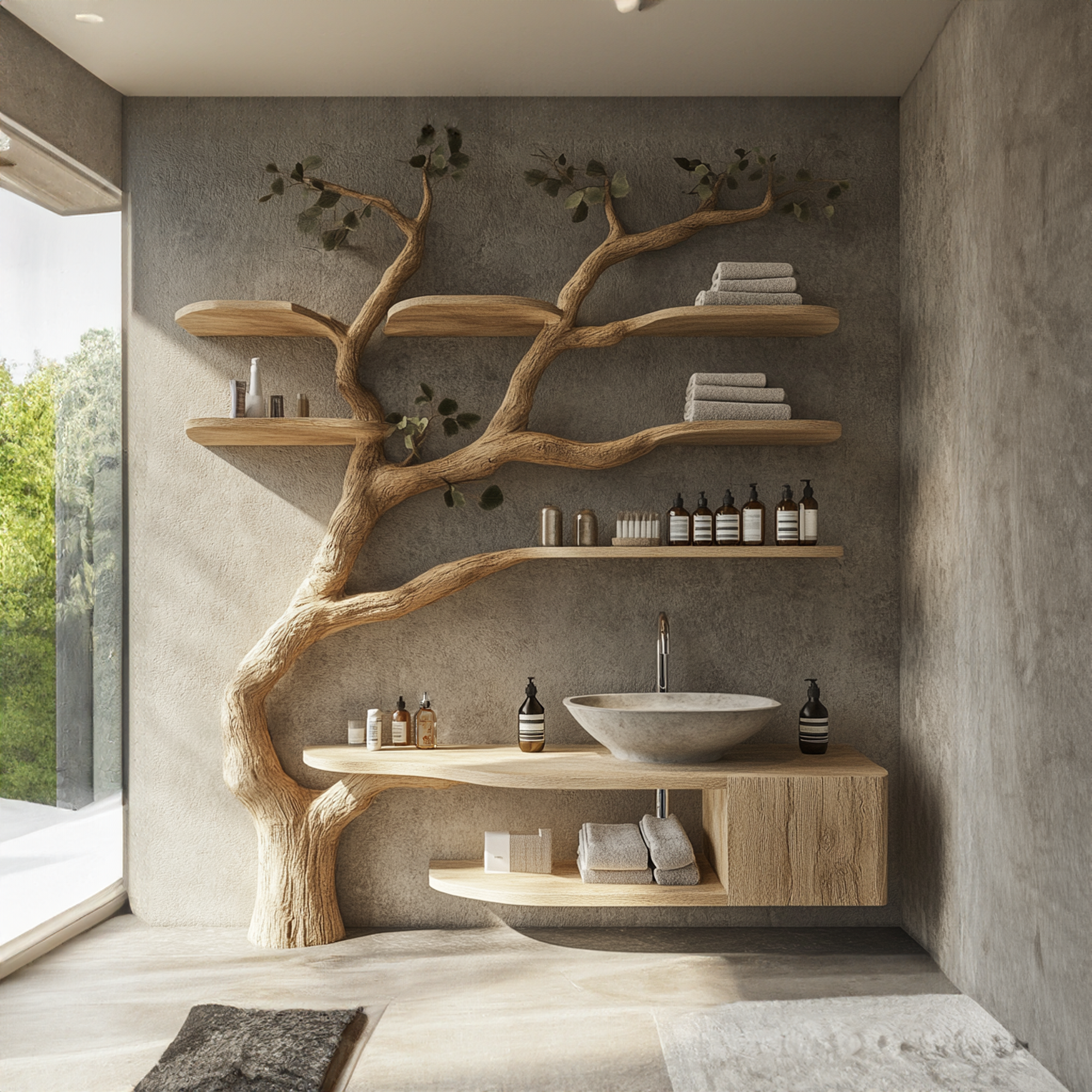 Wood Vanity With Mini Sink Floating Shelves Tree Branches
