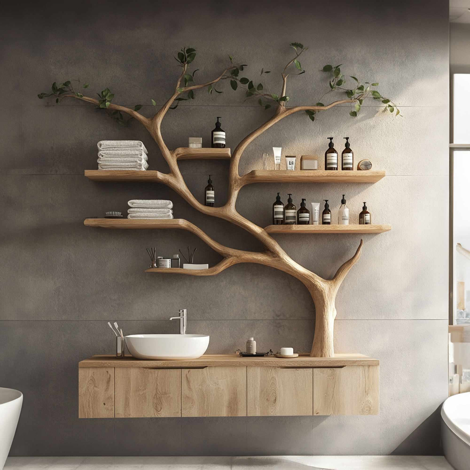 Tree Branches Rustic Bathroom Vanity With Sink Floating Shelves