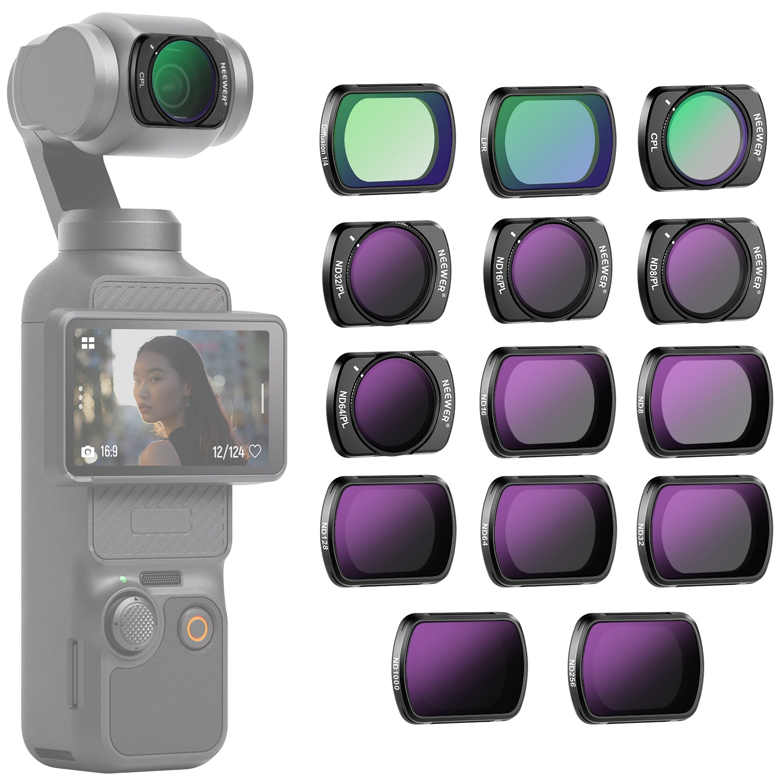 NEEWER FL-P10 14-Pack Magnetic ND & CPL & Effect Filter Set for DJI Pocket 3 / Pocket 4 & Xtra Muse