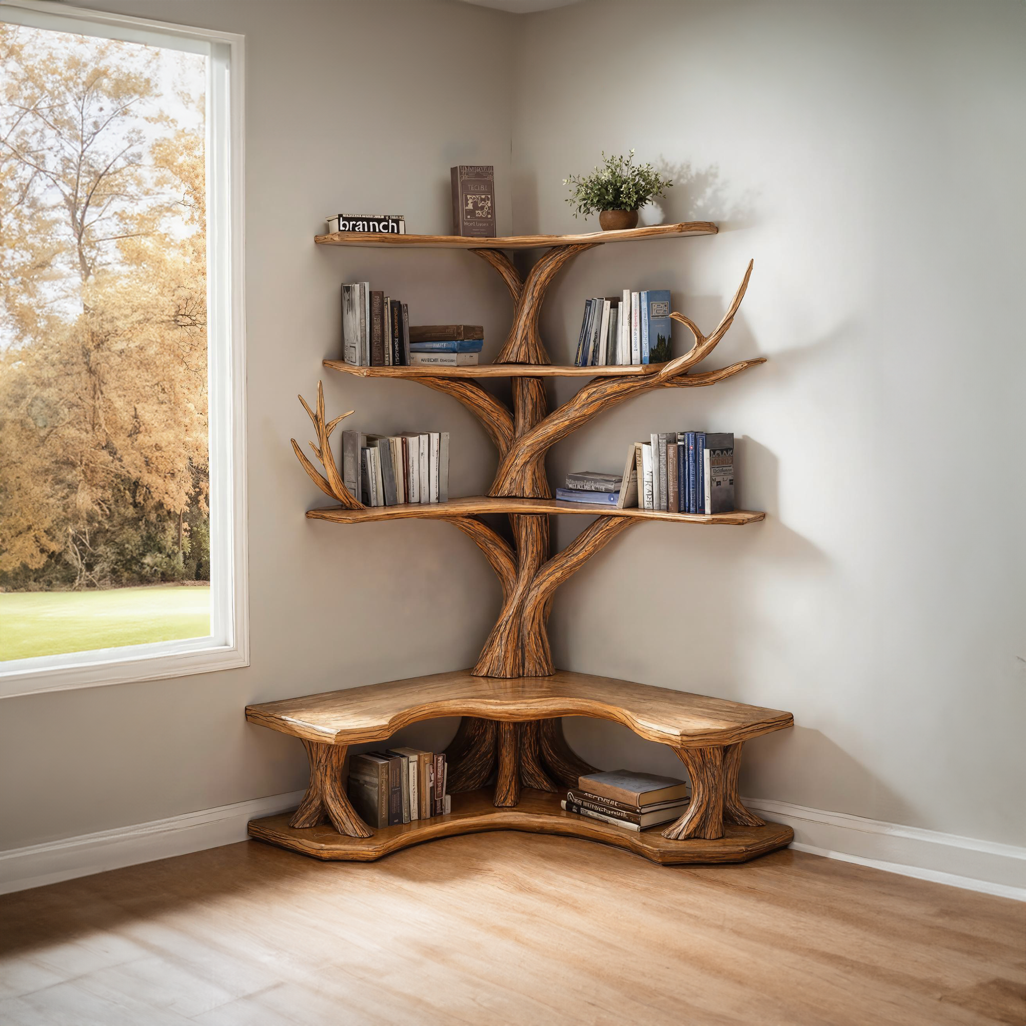 Tree Bookshelf With Corner Bench Lshaped Bench Driftwood Branch