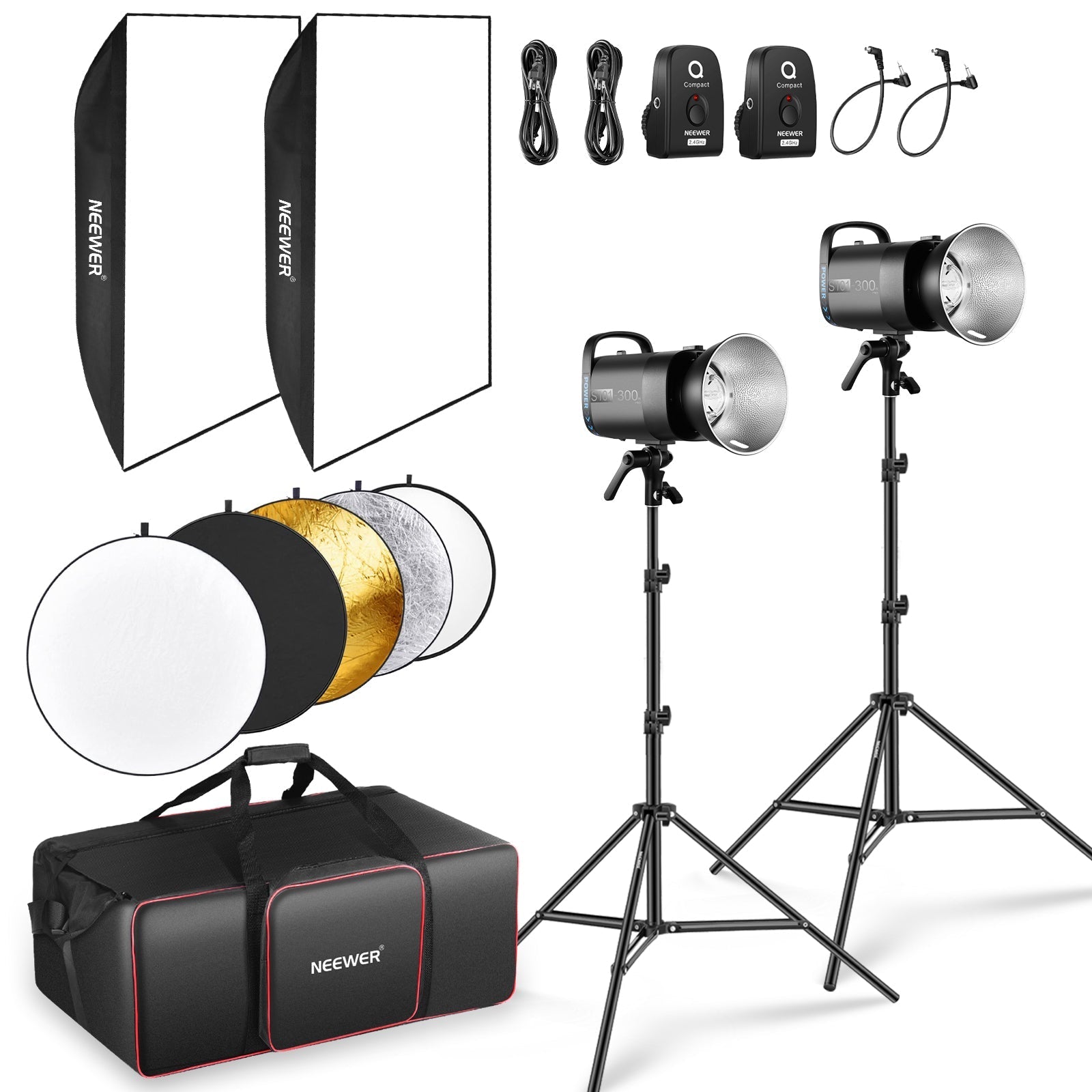 NEEWER 2 Pack S101-300W PRO 300Ws Studio Monolight Flash Light Kit