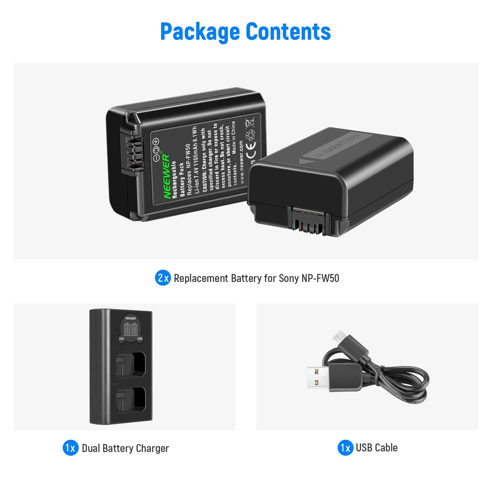 NEEWER 2-Pack NP-FW50 Sony Replacement Battery Charger Set