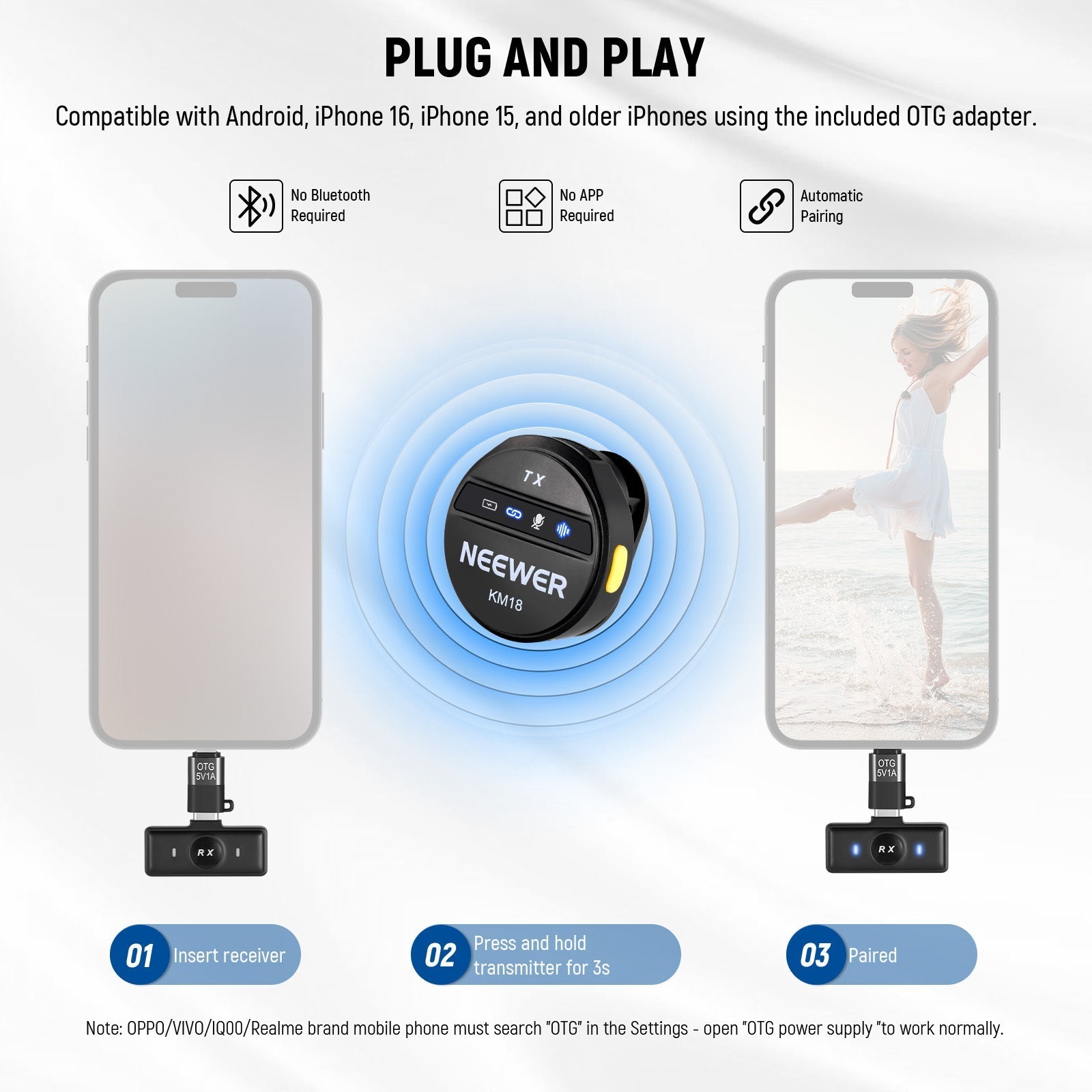 NEEWER KM18 Wireless Button Lavalier Microphone for USB C Phone PC
