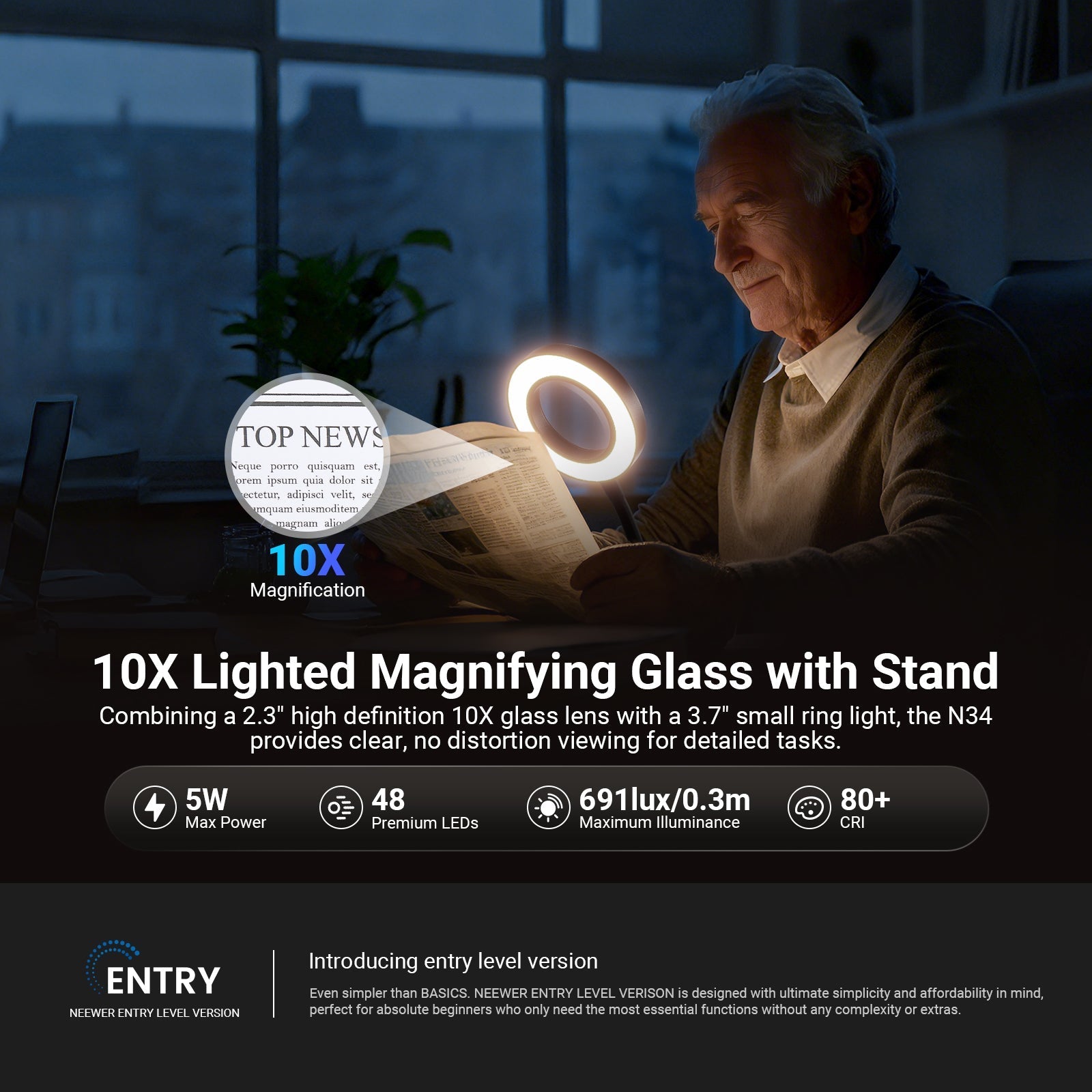 NEEWER ENTRY LEVEL VERSION N34 10X Magnifying Glass with Light & Stand