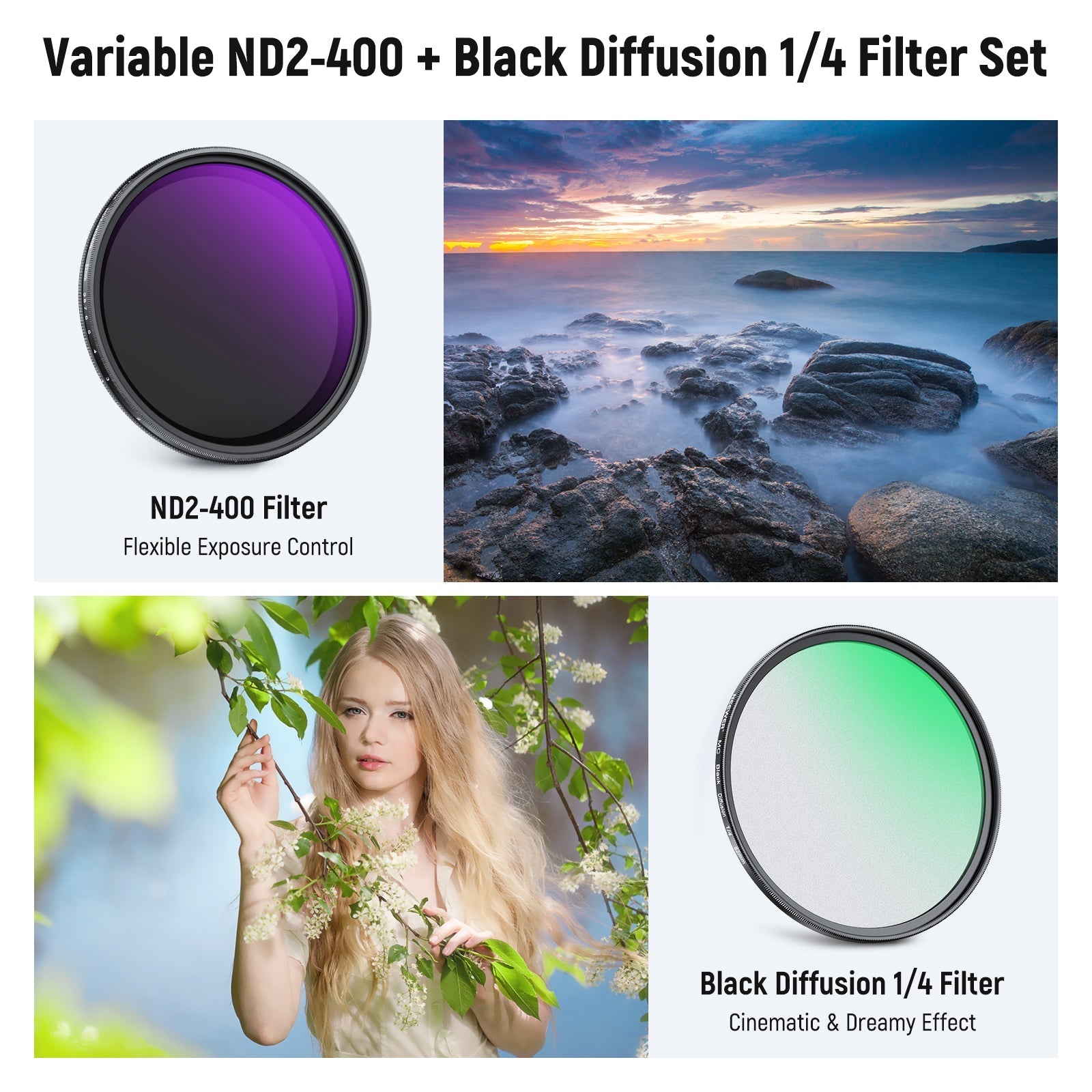 NEEWER Variable ND2-400 & Black Diffusion 1/4 Filter Set